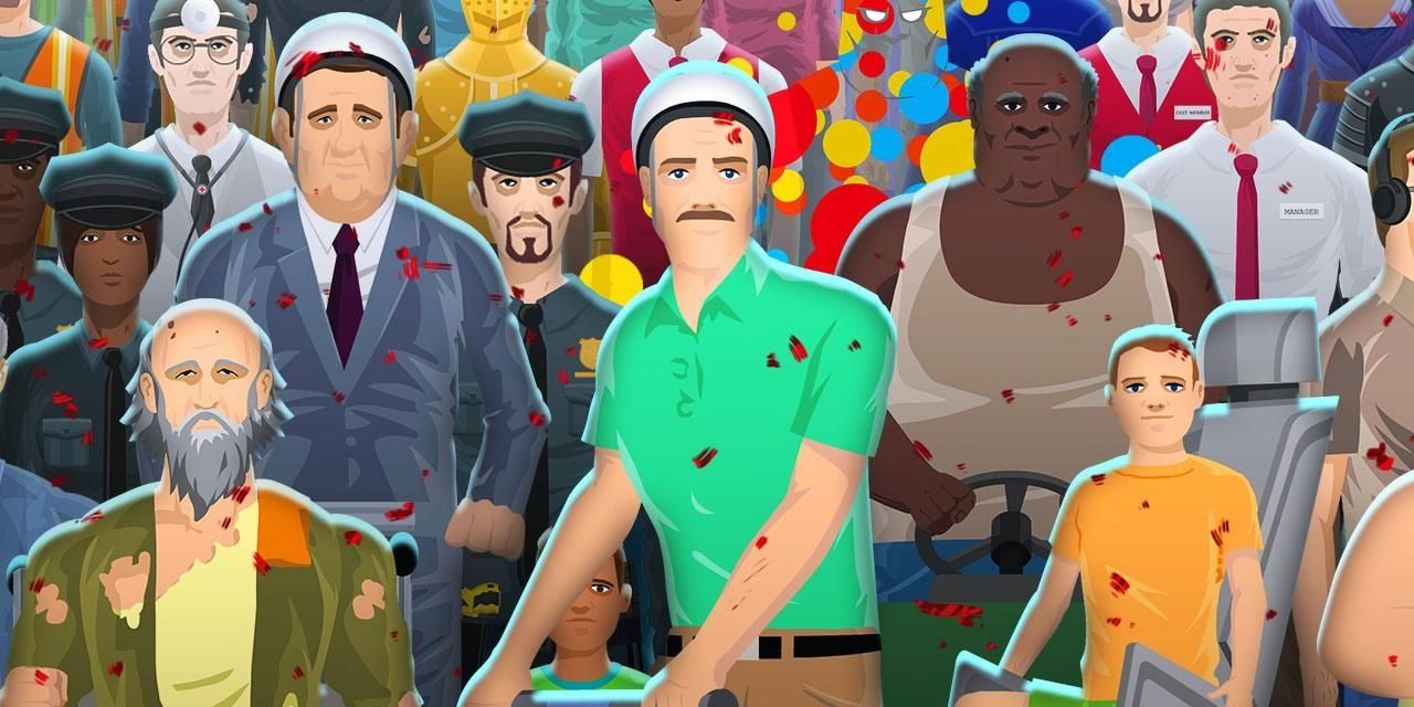 Characters from Happy Wheels look towards the camera