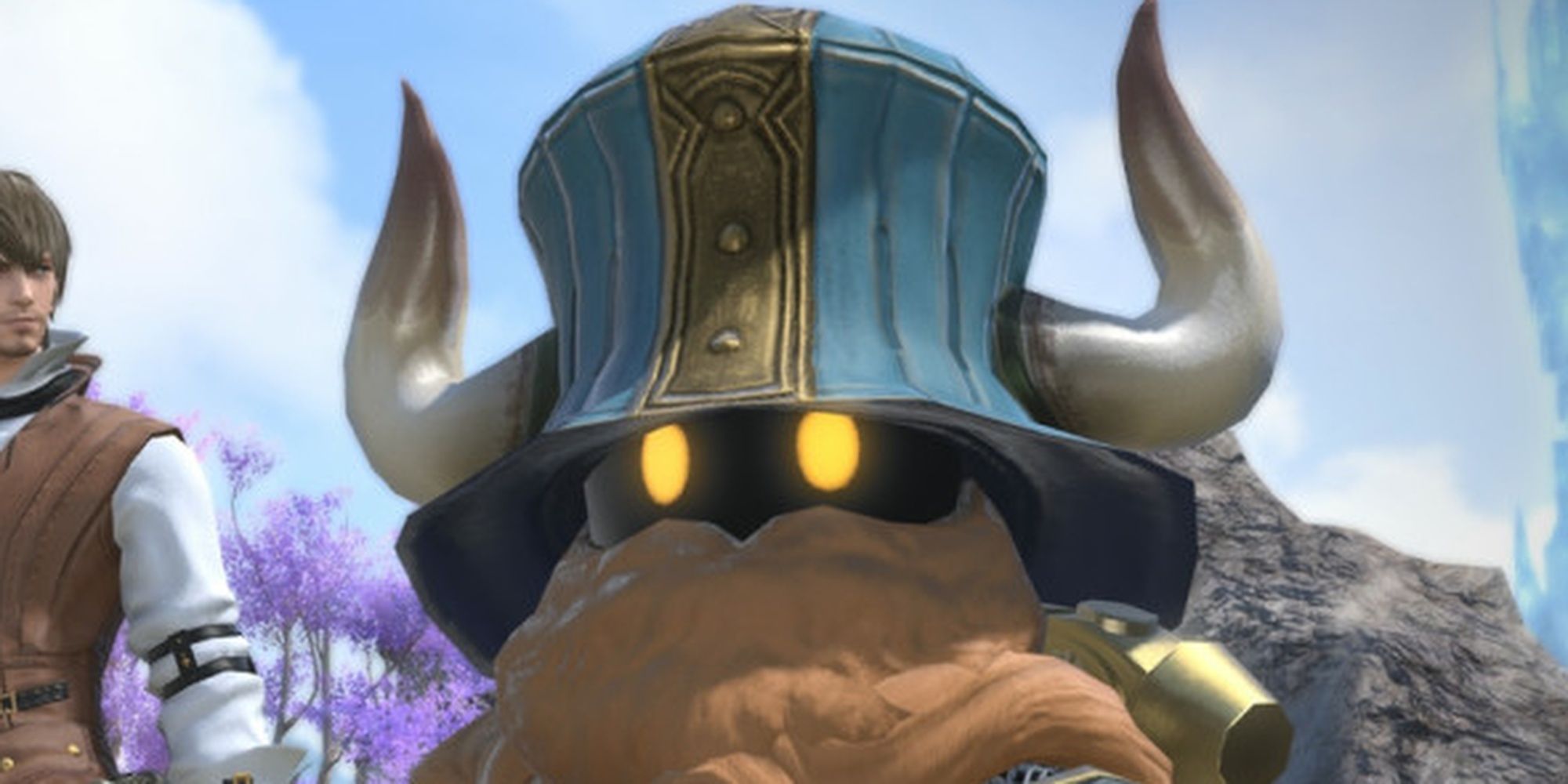 Final Fantasy 14 Dwarf In Blue Horned Helmet Against Blue Sky