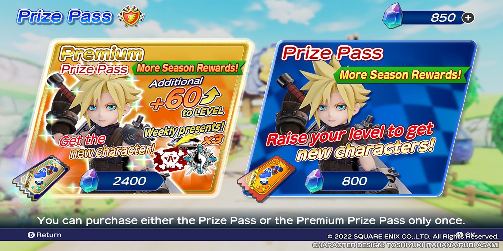 Two images display the differences between the Premium and Base versions of the Season 1 Prize Pass in Chocobo GP.