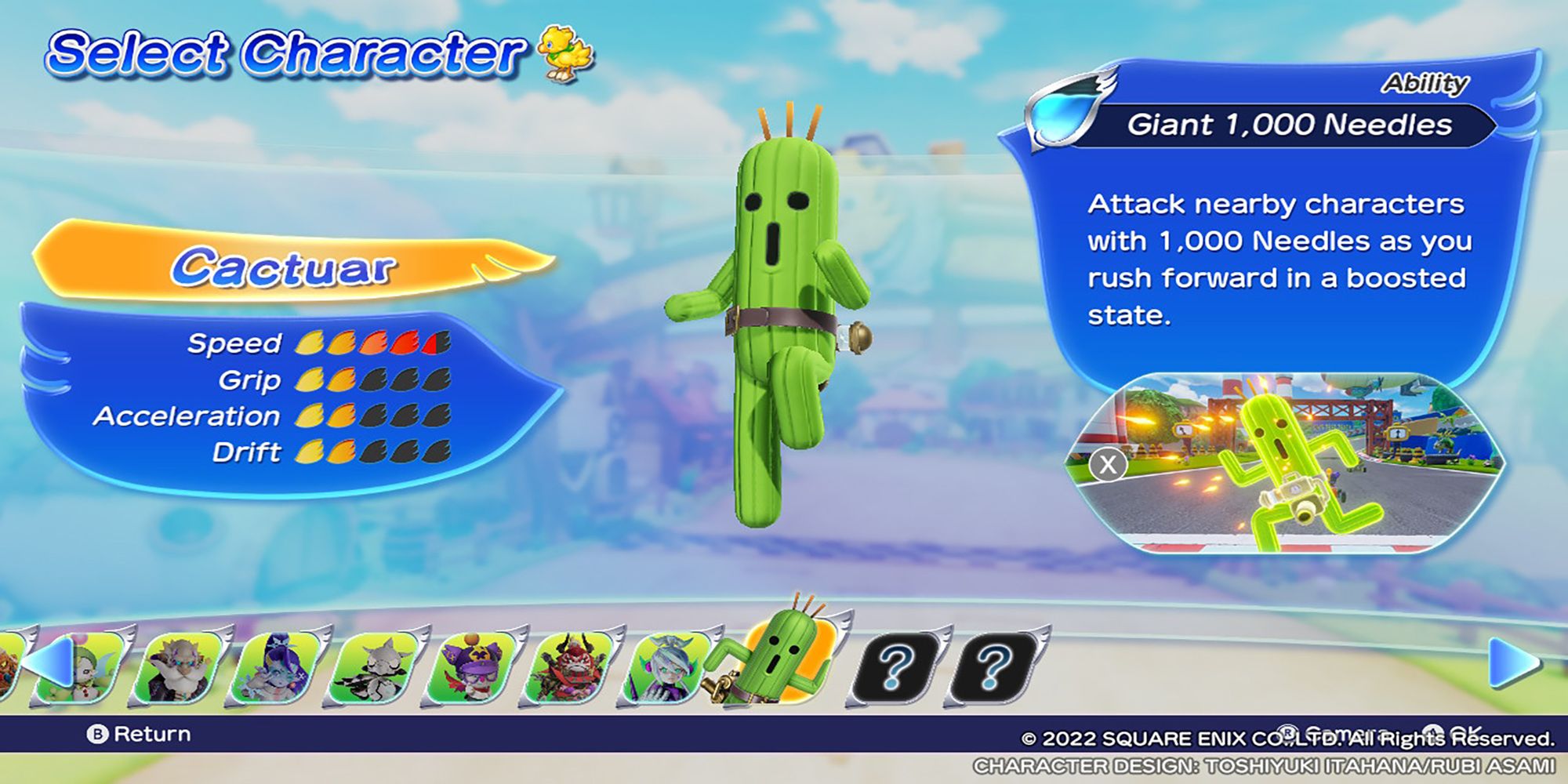 Cactuar's character model, along with their stats and abilities, in the Select Character menu. Chocobo GP.
