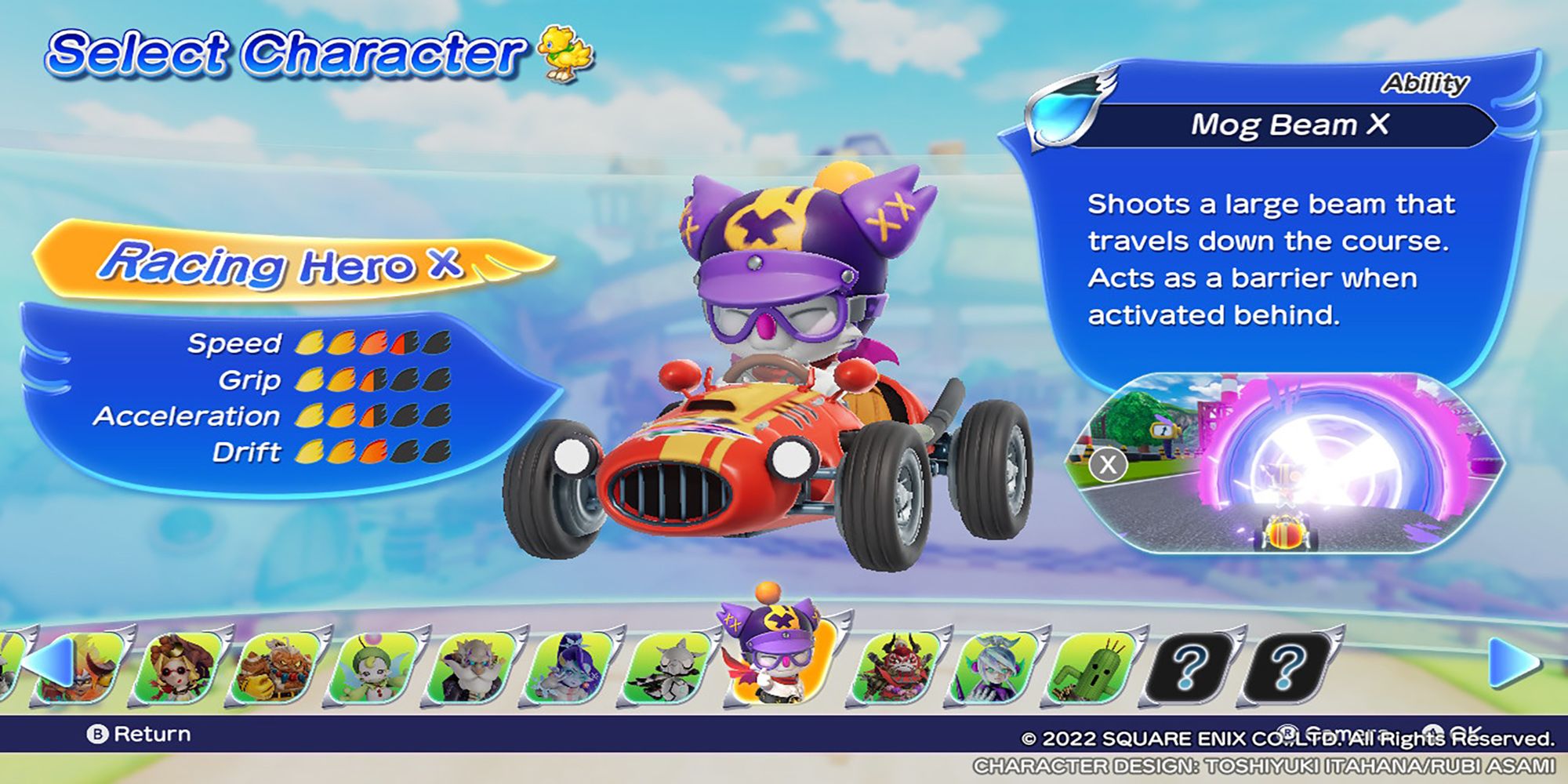 Racing Hero X's character model, along with his stats and abilities, in the Select Character menu. Chocobo GP.