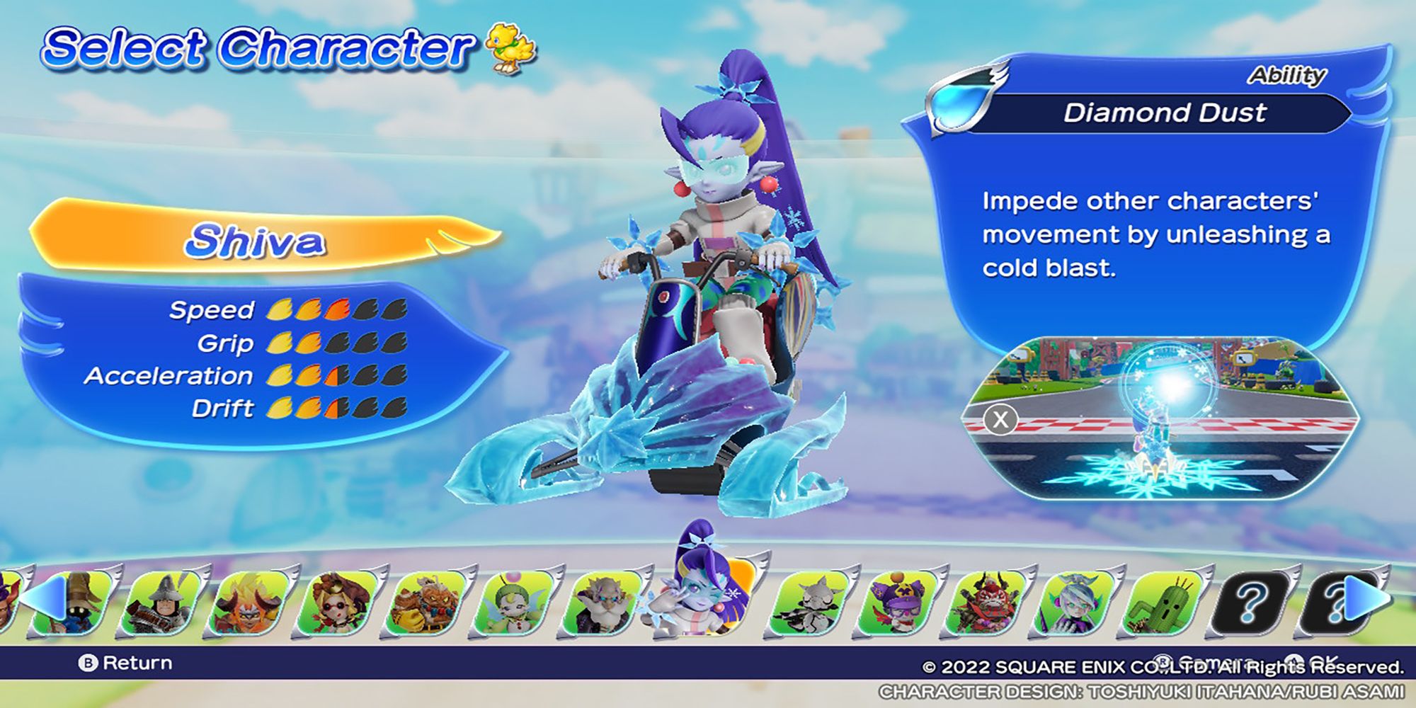 Shiva's character model, along with her stats and abilities, in the Select Character menu. Chocobo GP.
