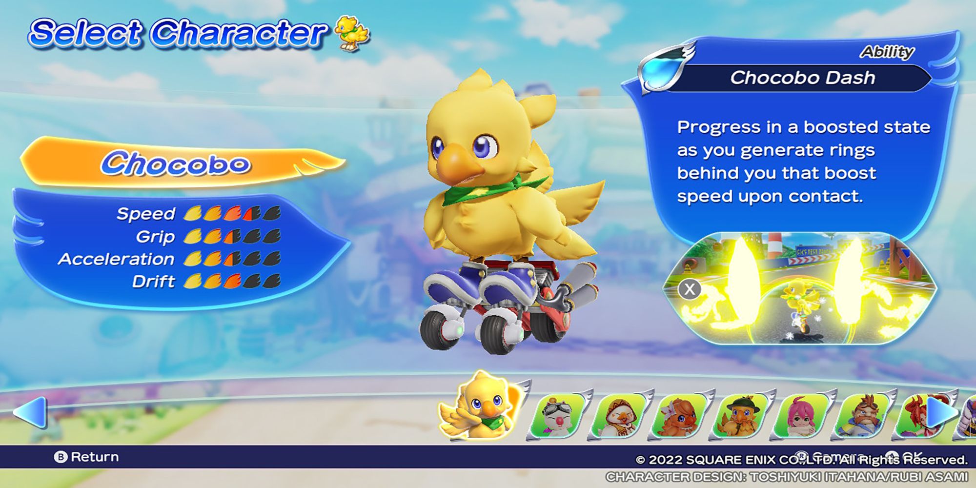 Chocobo's character model, along with his stats and abilities, in the Select Character menu. Chocobo GP.