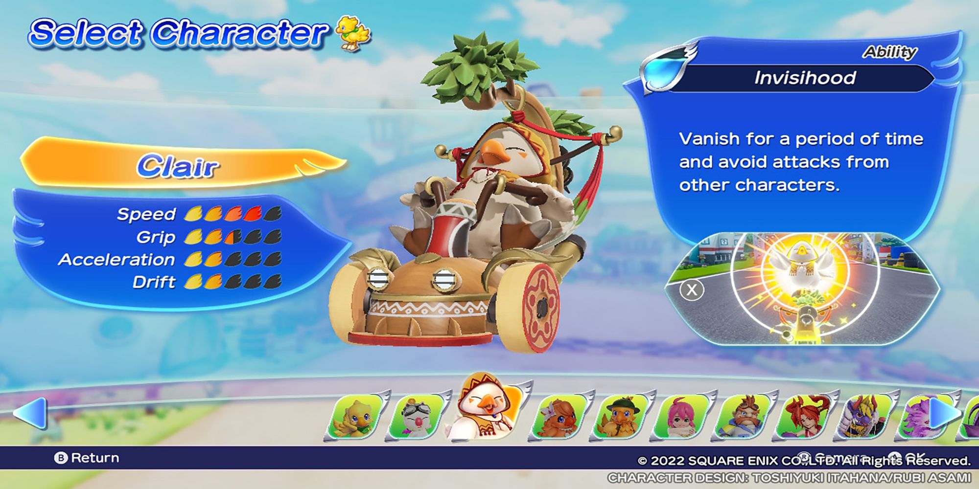 Clair's character model, along with his stats and abilities, in the Select Character menu. Chocobo GP.
