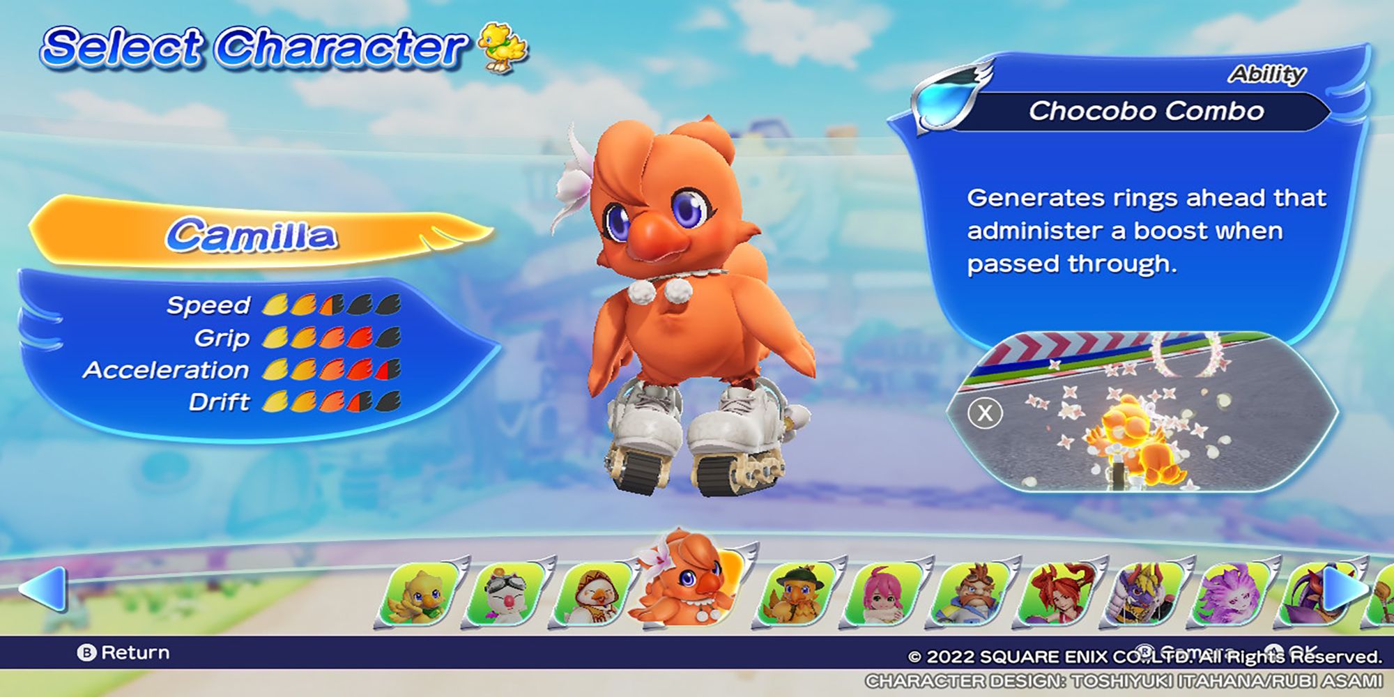 Camila's character model, along with her stats and abilities, in the Select Character menu. Chocobo GP.
