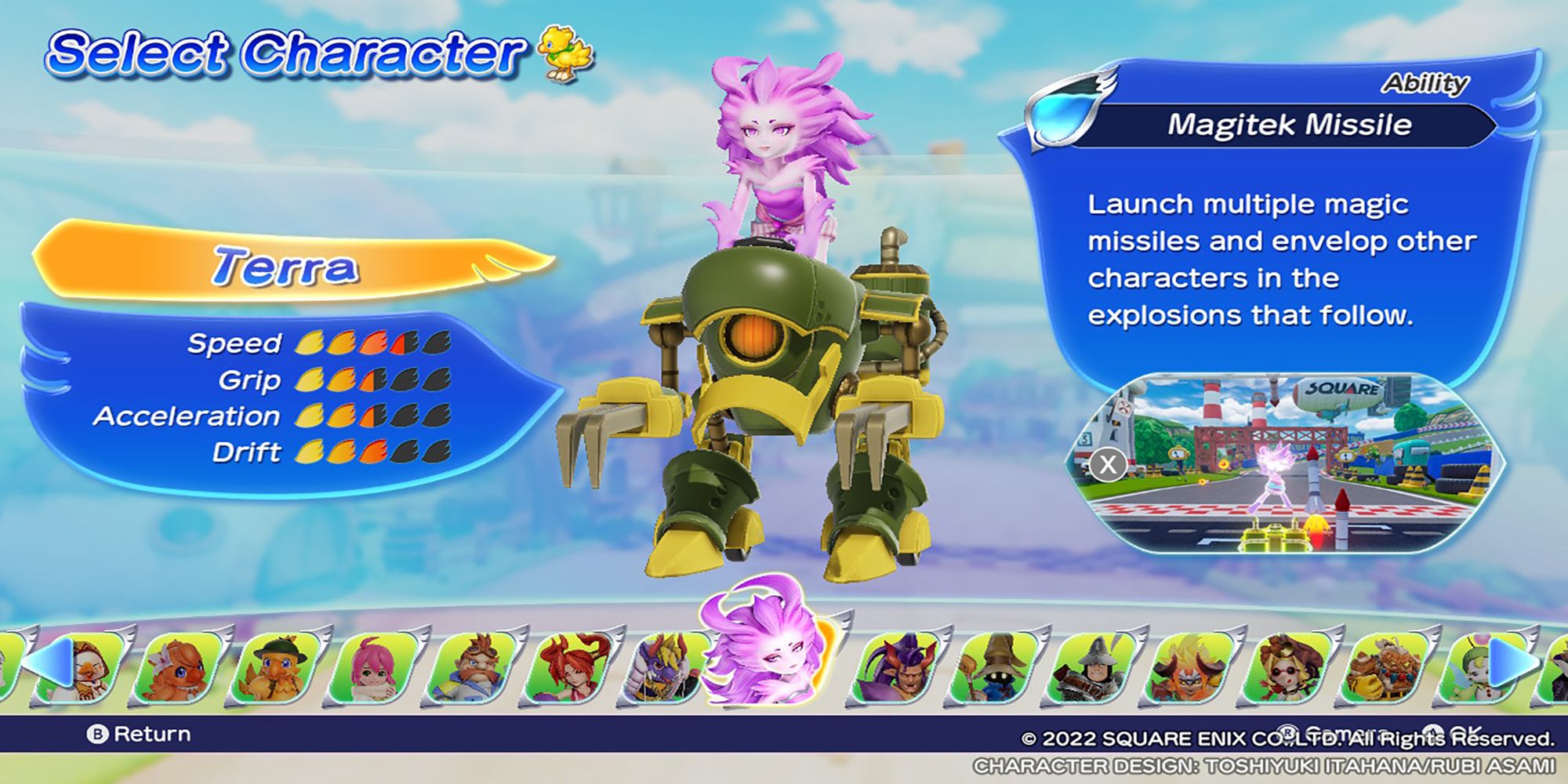 Terra's character model, along with her stats and abilities, in the Select Character menu. Chocobo GP.