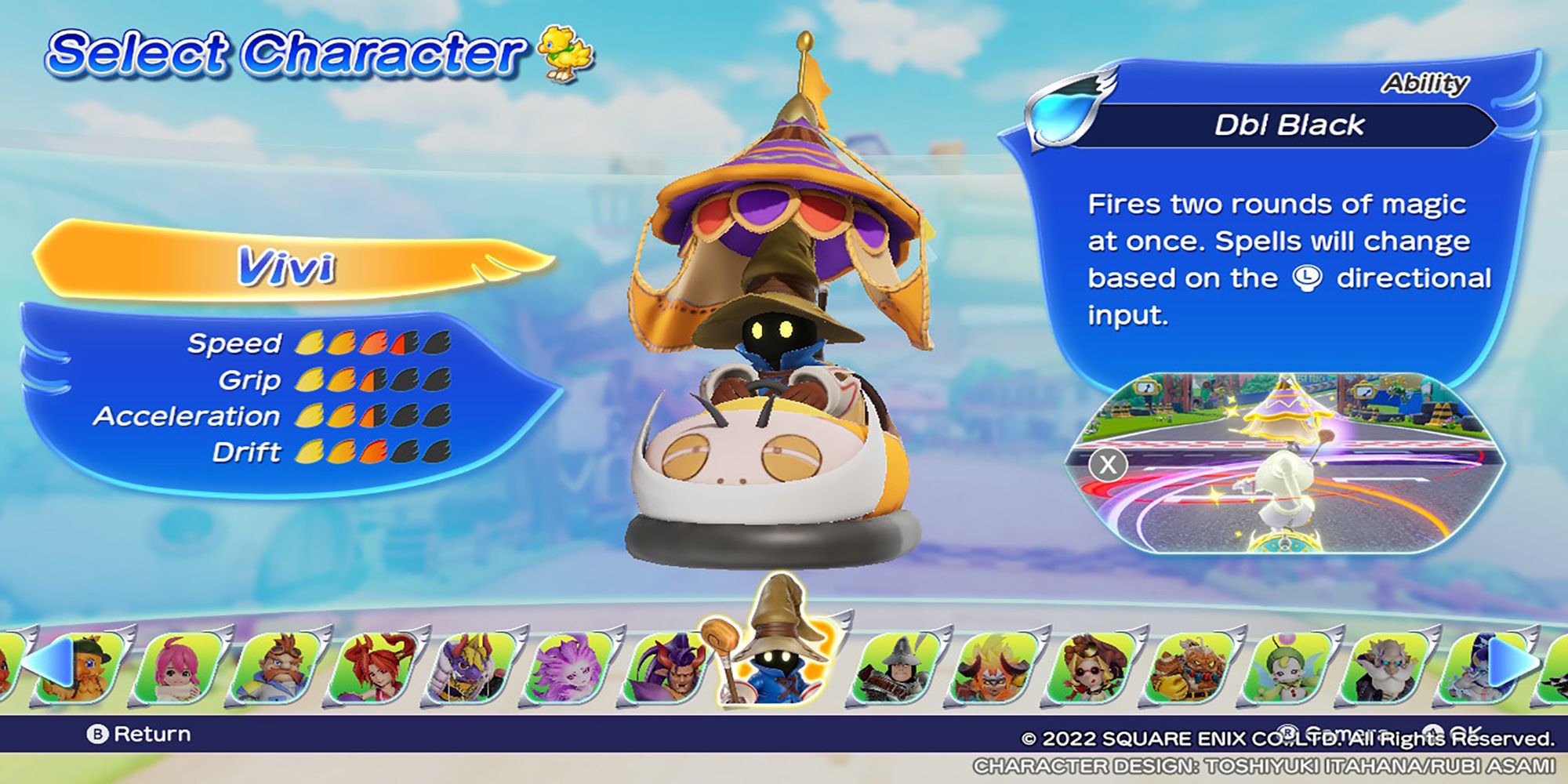 Vivi's character model, along with his stats and abilities, in the Select Character menu. Chocobo GP.