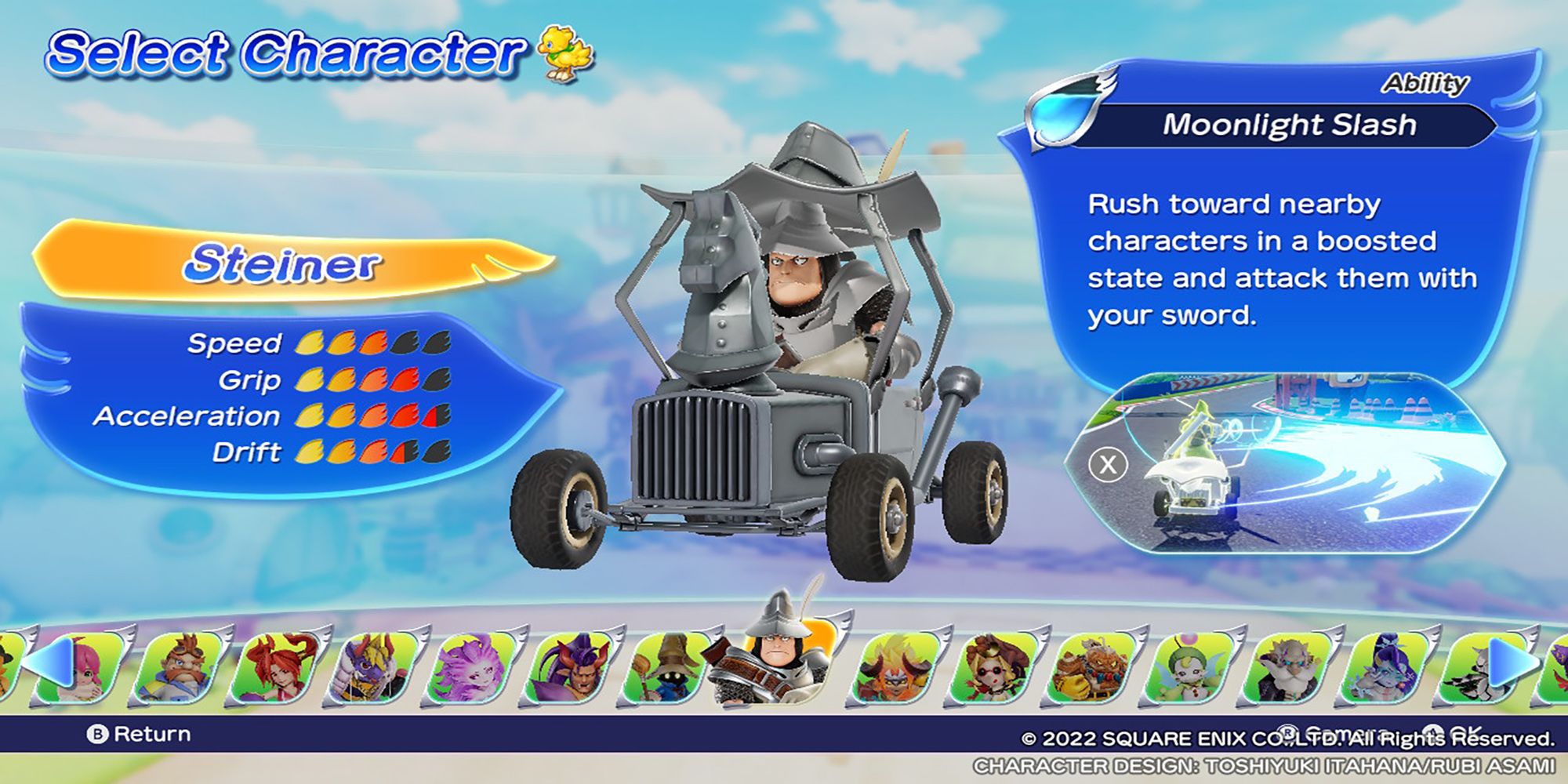 Steiner's character model, along with his stats and abilities, in the Select Character menu. Chocobo GP.