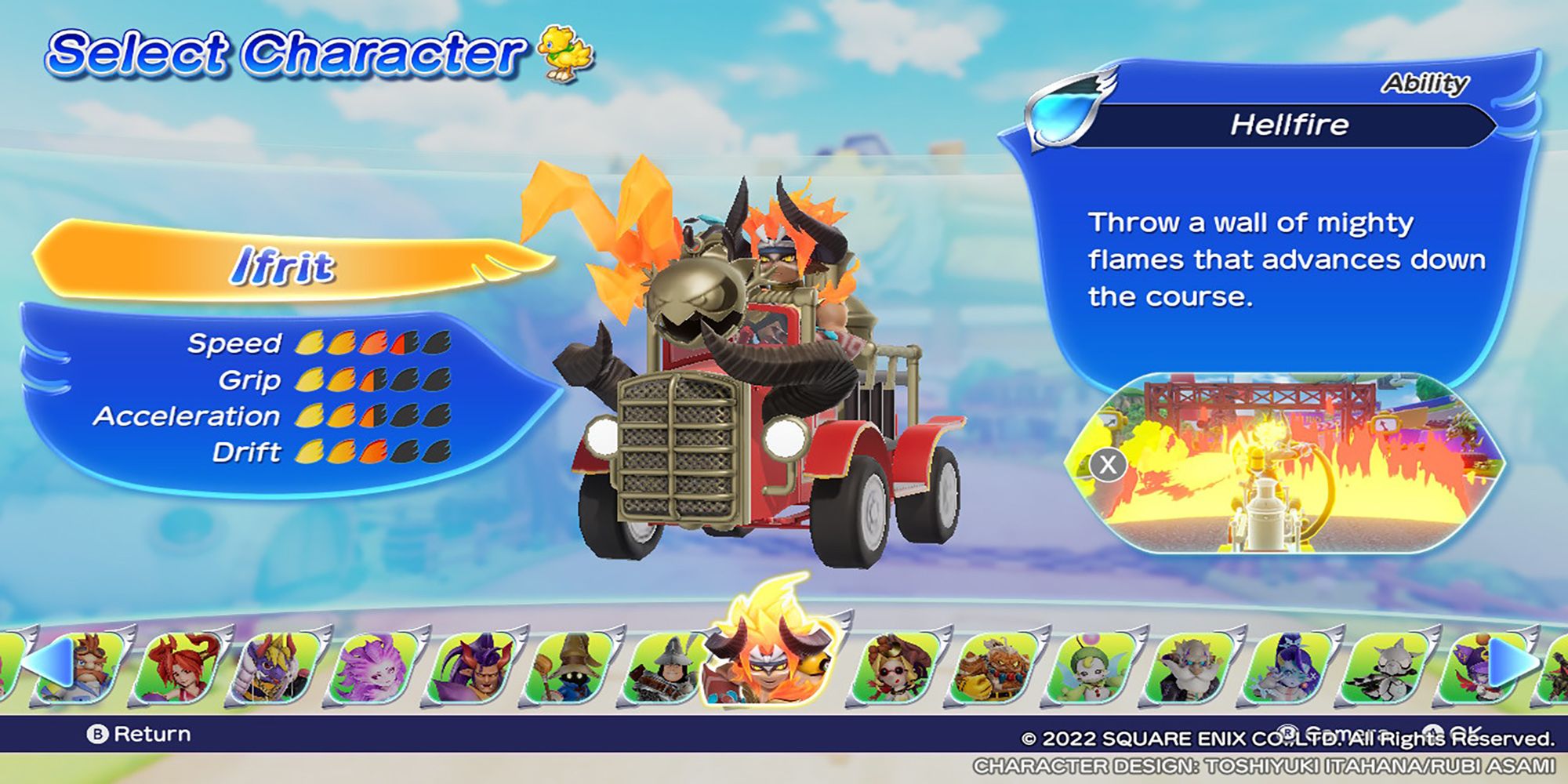 Ifrit's character model, along with his stats and abilities, in the Select Character menu. Chocobo GP.