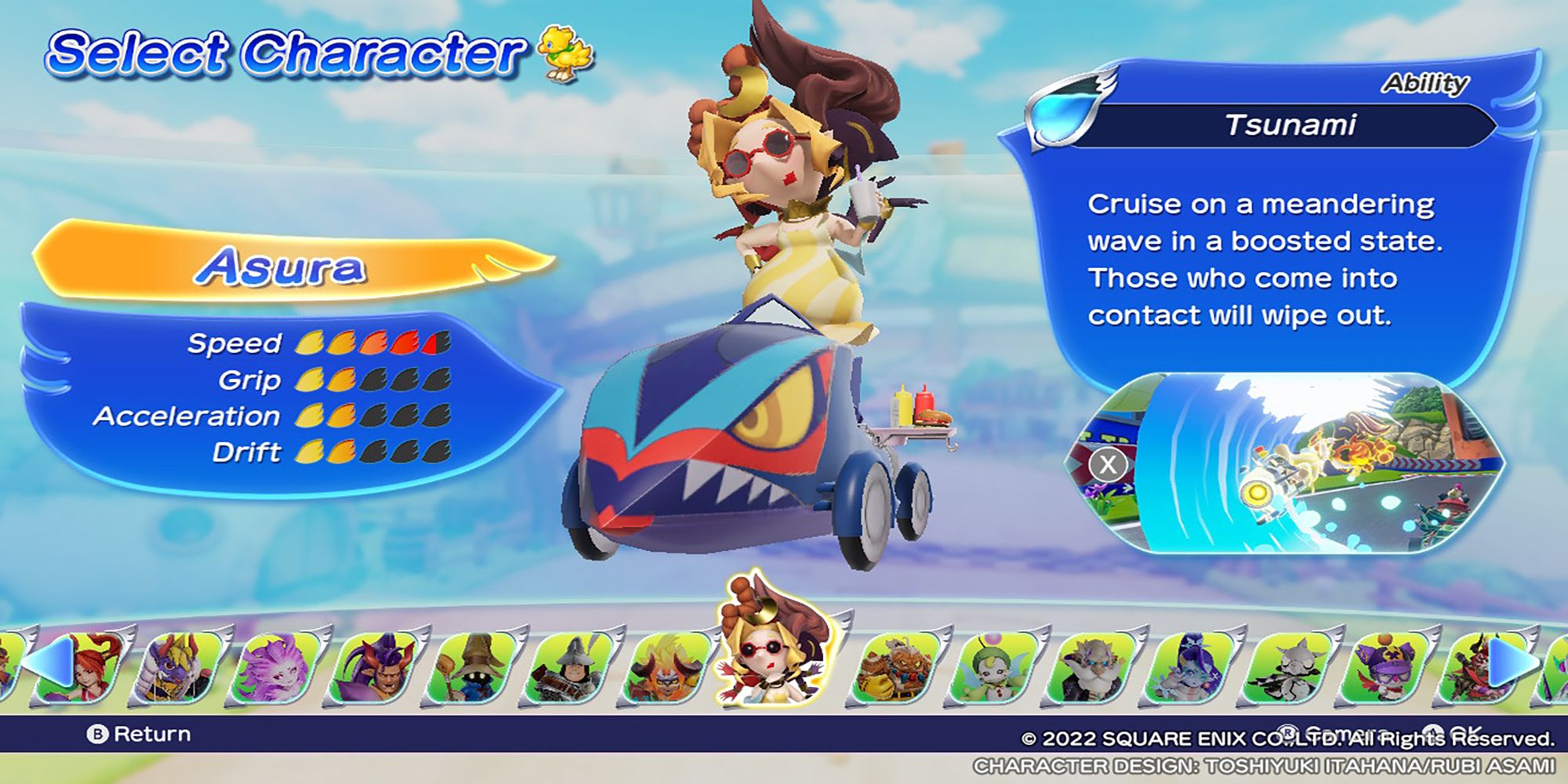 Asura's character model, along with her stats and abilities, in the Select Character menu. Chocobo GP.