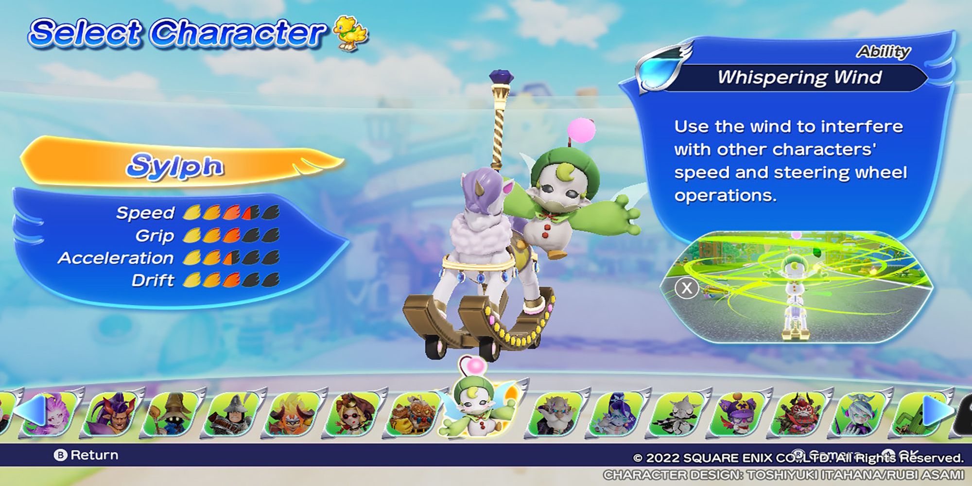 Sylph's character model, along with her stats and abilities, in the Select Character menu. Chocobo GP.