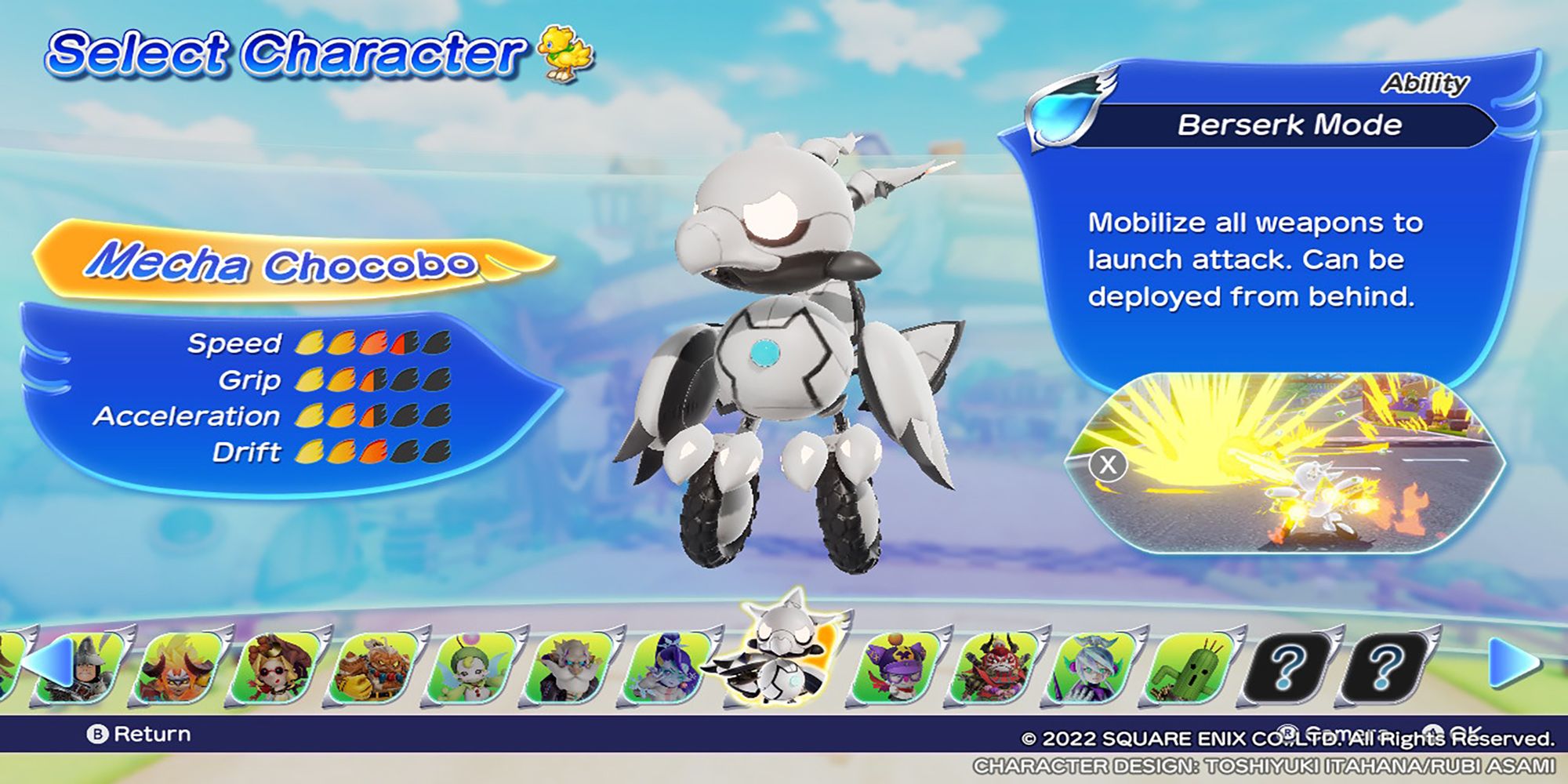 Mecha Chocobo's character model, along with their stats and abilities, in the Select Character menu. Chocobo GP.