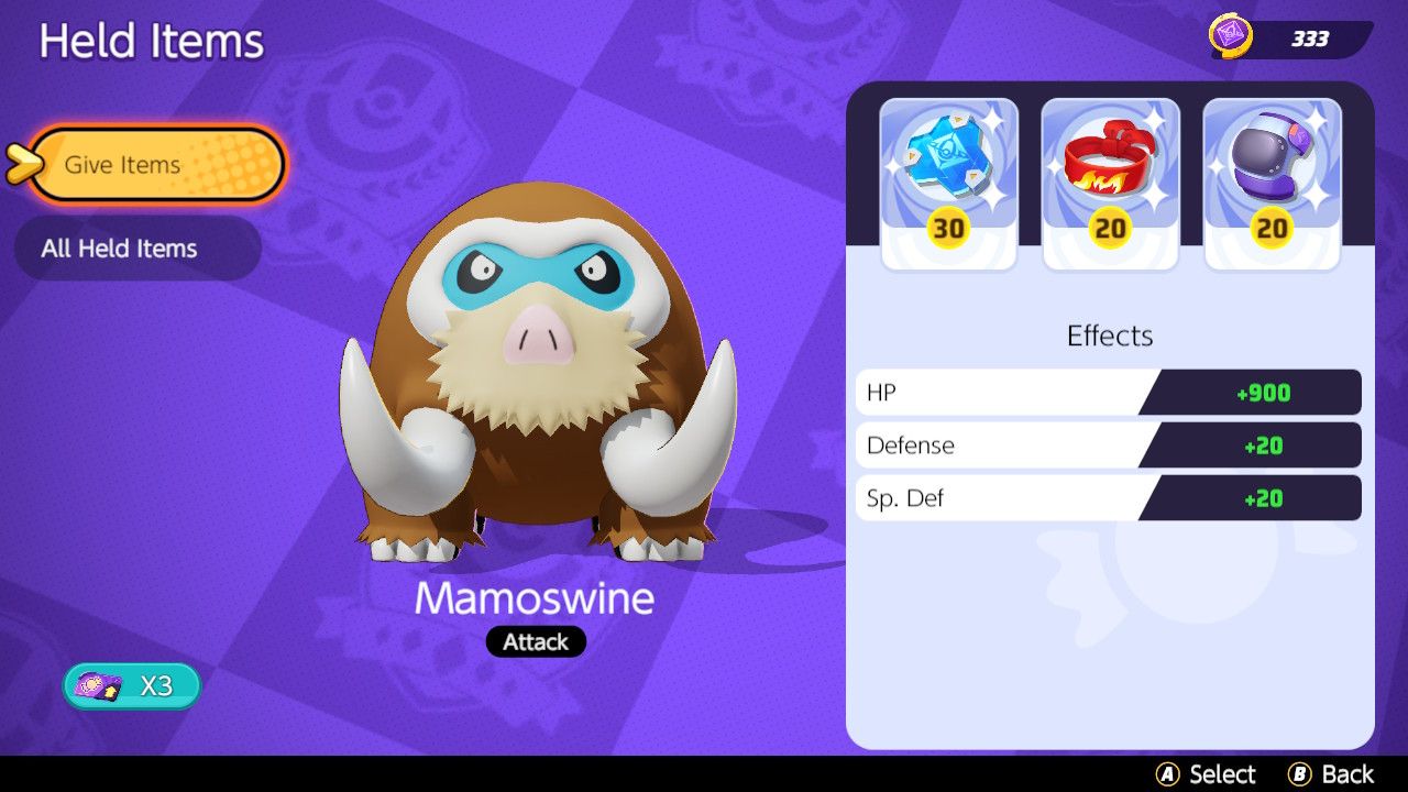 Screen showing Held Item choices for a tank Mamoswine build in Pokemon Unite