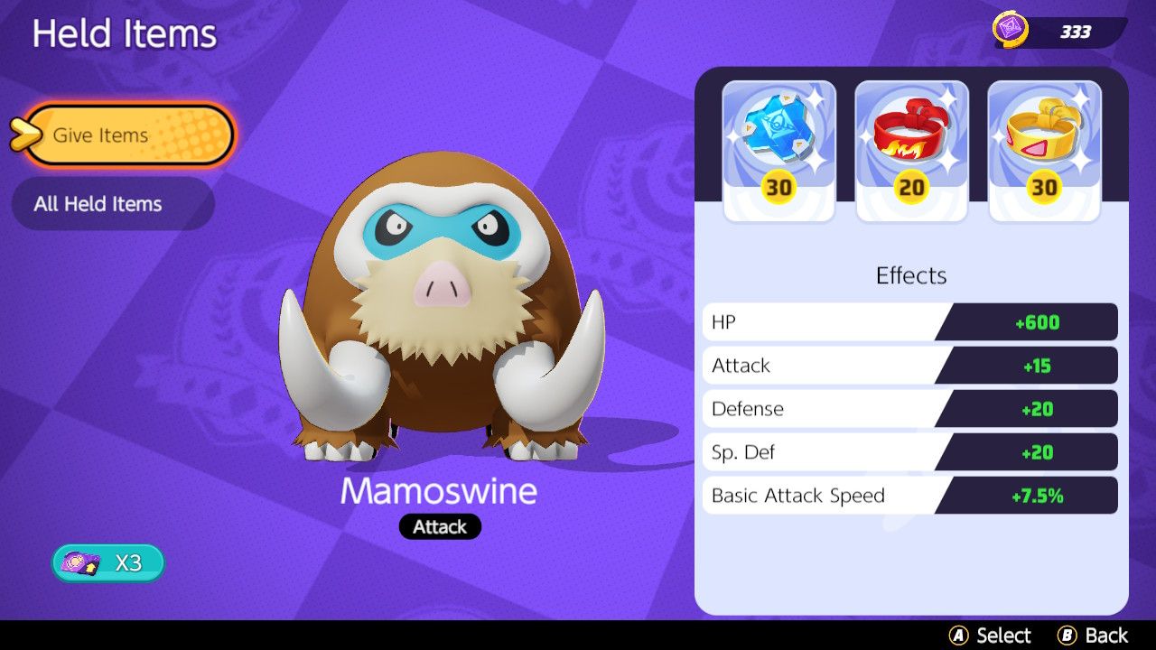 Screen showing holding item selection for Engage Mamoswine build in Pokemon Unite