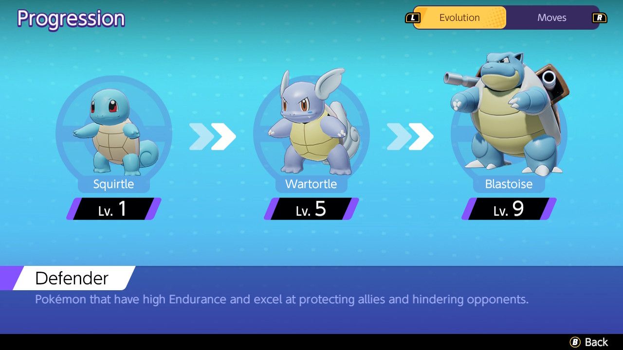 Screen showing Blastoise and its evolutions in Pokemon Unite
