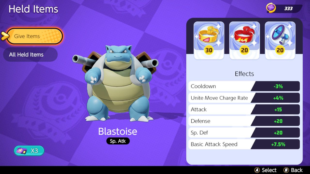 Screen showing Held Item choices for an offensive Blastoise build in Pokemon Unite