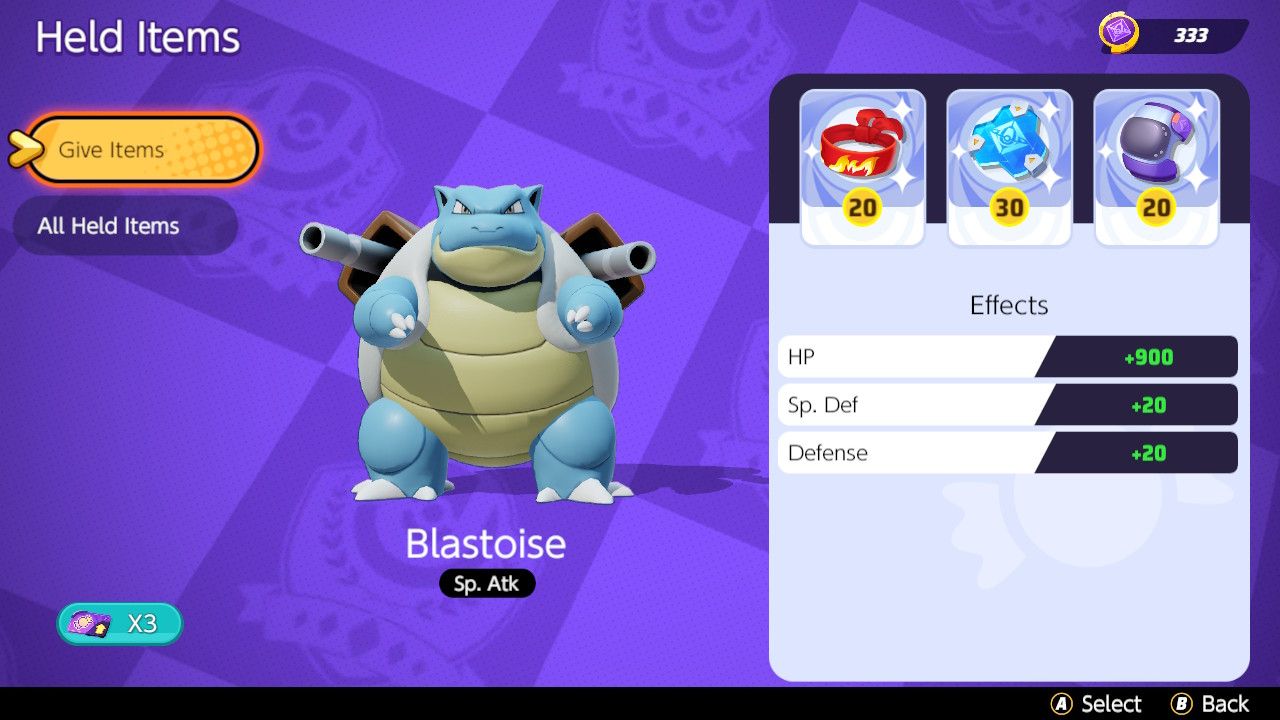Screen showing Held Item choices for a tank Blastoise build in Pokemon Unite
