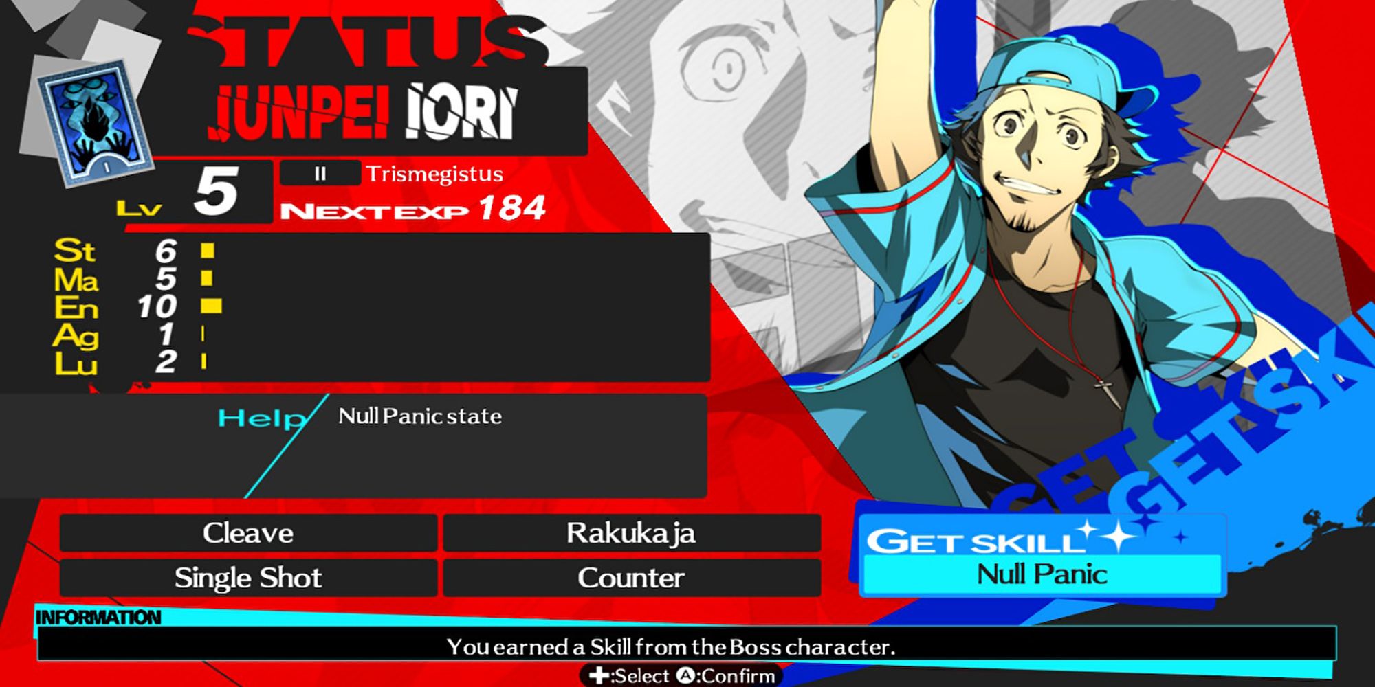 Junpei receives the skill, Null Panic, from a boss character in Golden Arena Mode. Persona 4 Arena Ultimax.