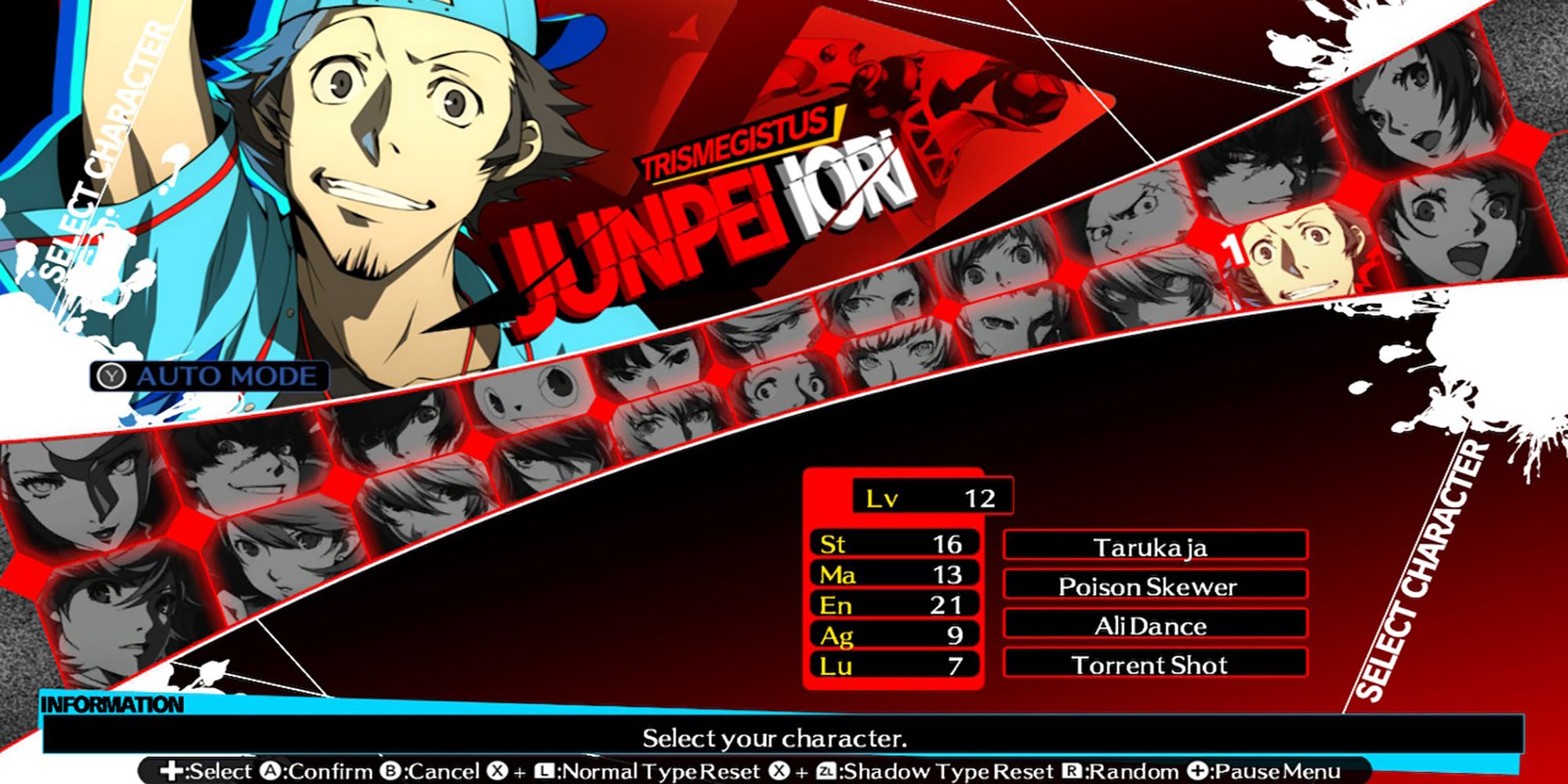 Persona 4 Arena Ultimax's character select menu lists level, stats, and skills when playing Golden Arena mode.
