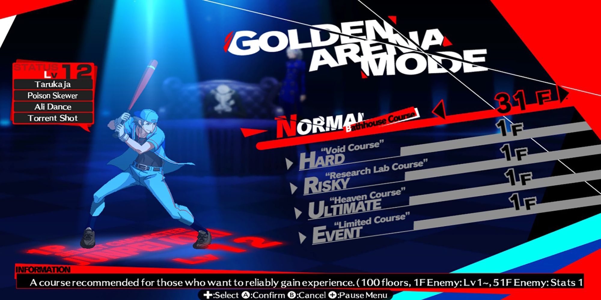 Golden Arena Mode's course selection includes Normal, Hard, Risky, Ultimate, and Event courses. Persona 4 Arena Ultimax.