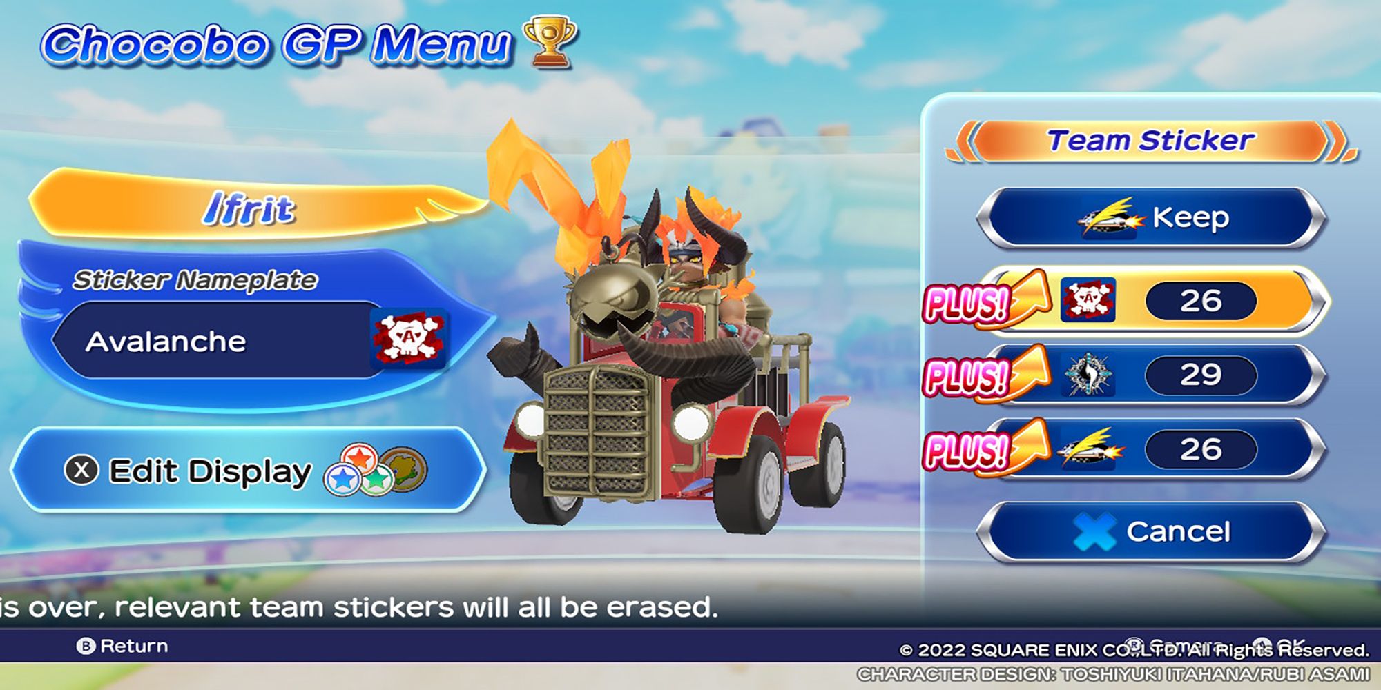 You can choose a team sticker for Ifrit in the Team Sticker menu before entering a Chocobo GP tournament.
