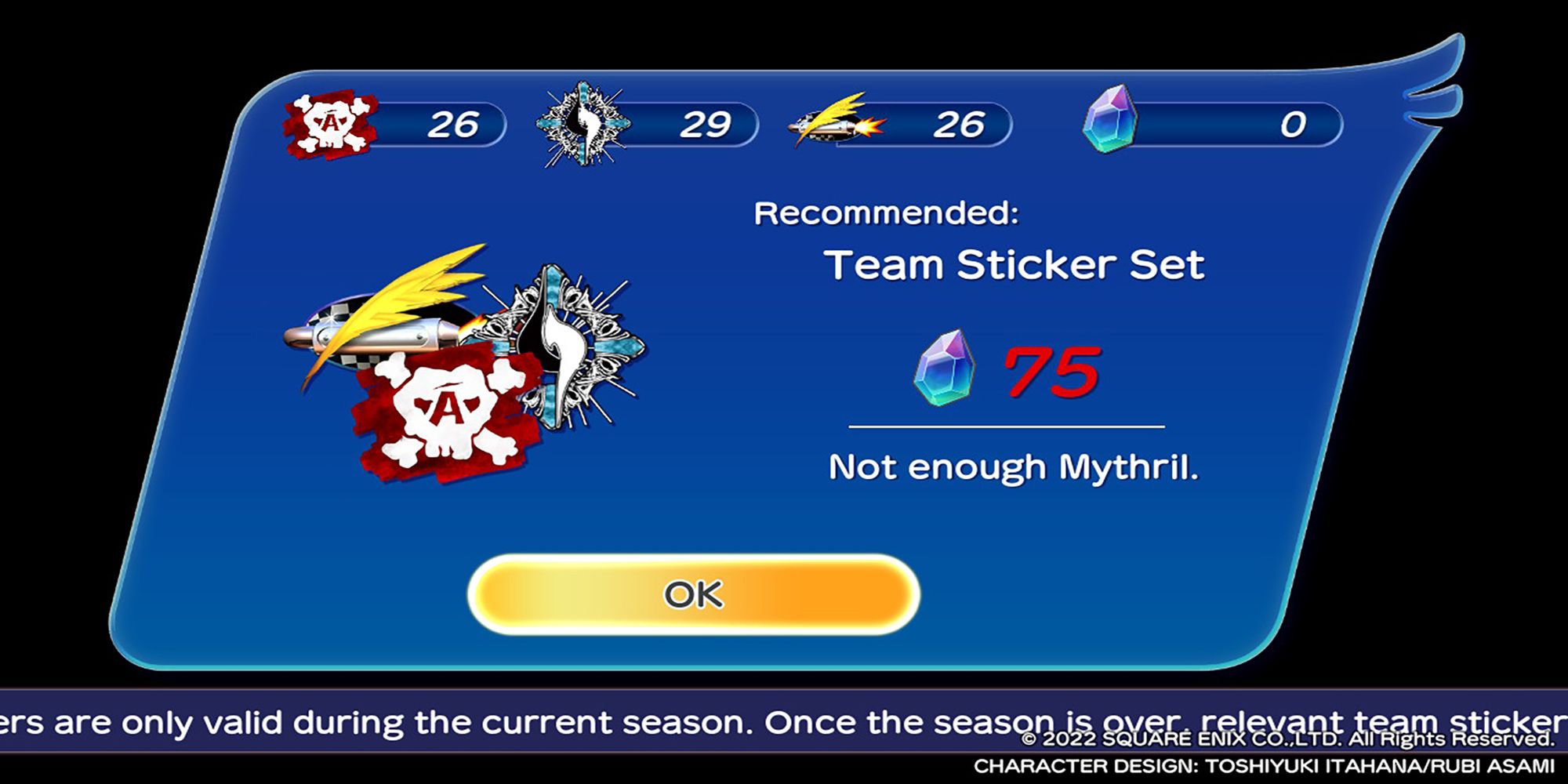 A menu option for players to exchange Mythril for Team Sticker sets in Chocobo GP.