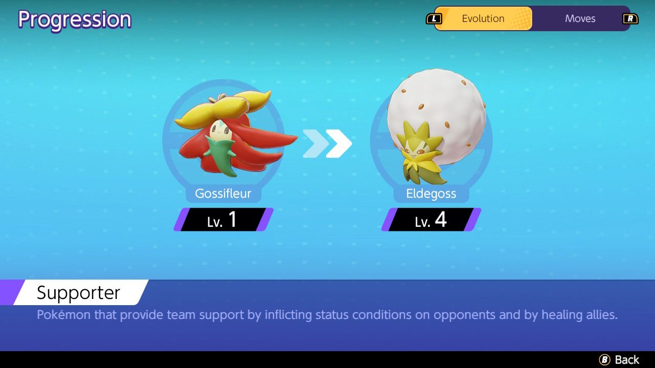 Screen showing Eldegoss and its evolution path in Pokemon Unite