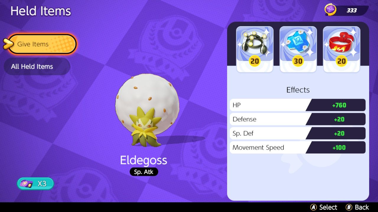 Screen showing Held Item choices for a healer Eldegoss build in Pokemon Unite