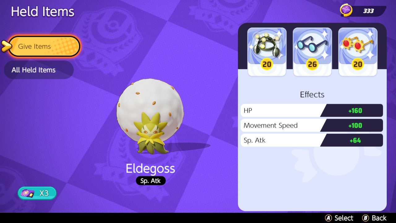 Screen showing Held Item choices for a support Eldegoss build in Pokemon Unite