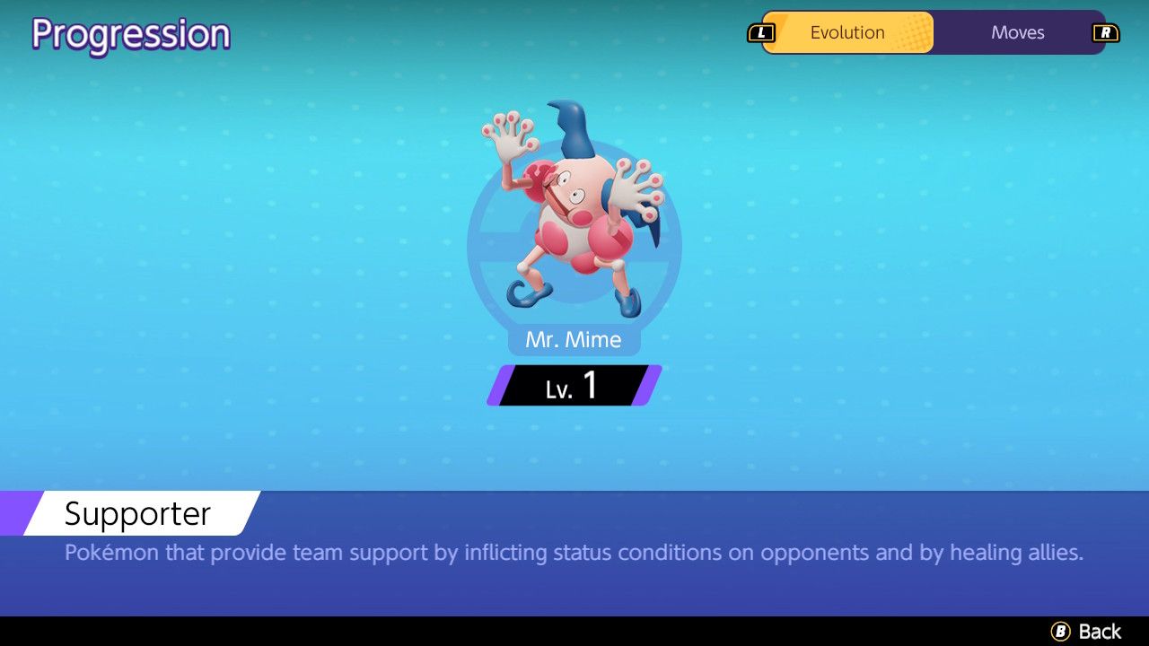 Screen showing Mr. Mime's singular evolution path in Pokemon Unite