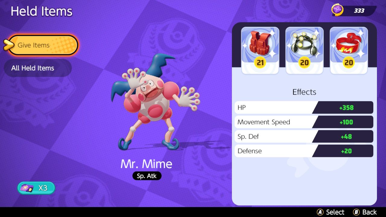 Screen showing Held Item choices for a support Mr. Mime build in Pokemon Unite