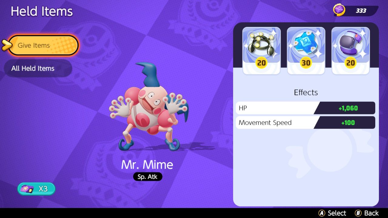 Screen showing Held Item choices for a Barrier Mr. Mime build in Pokemon Unite