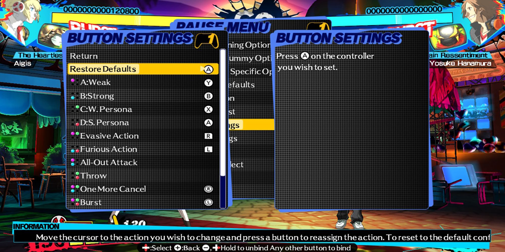 These are the default button configuration settings as seen from Persona 4 Arena Ultimax's pause menu.