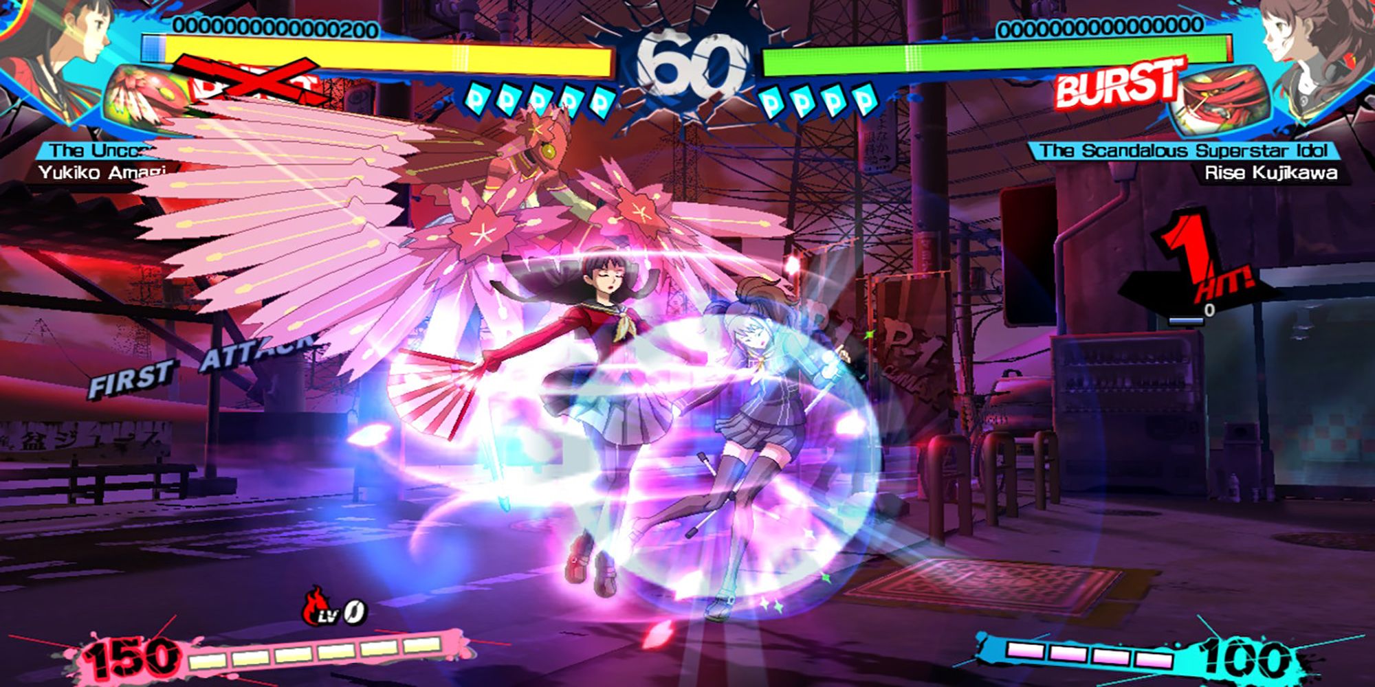Yukiko, and her Persona Konohana Sakuya, push back Rise with a Furious Action in battle at Inaba. Persona 4 Arena Ultimax.