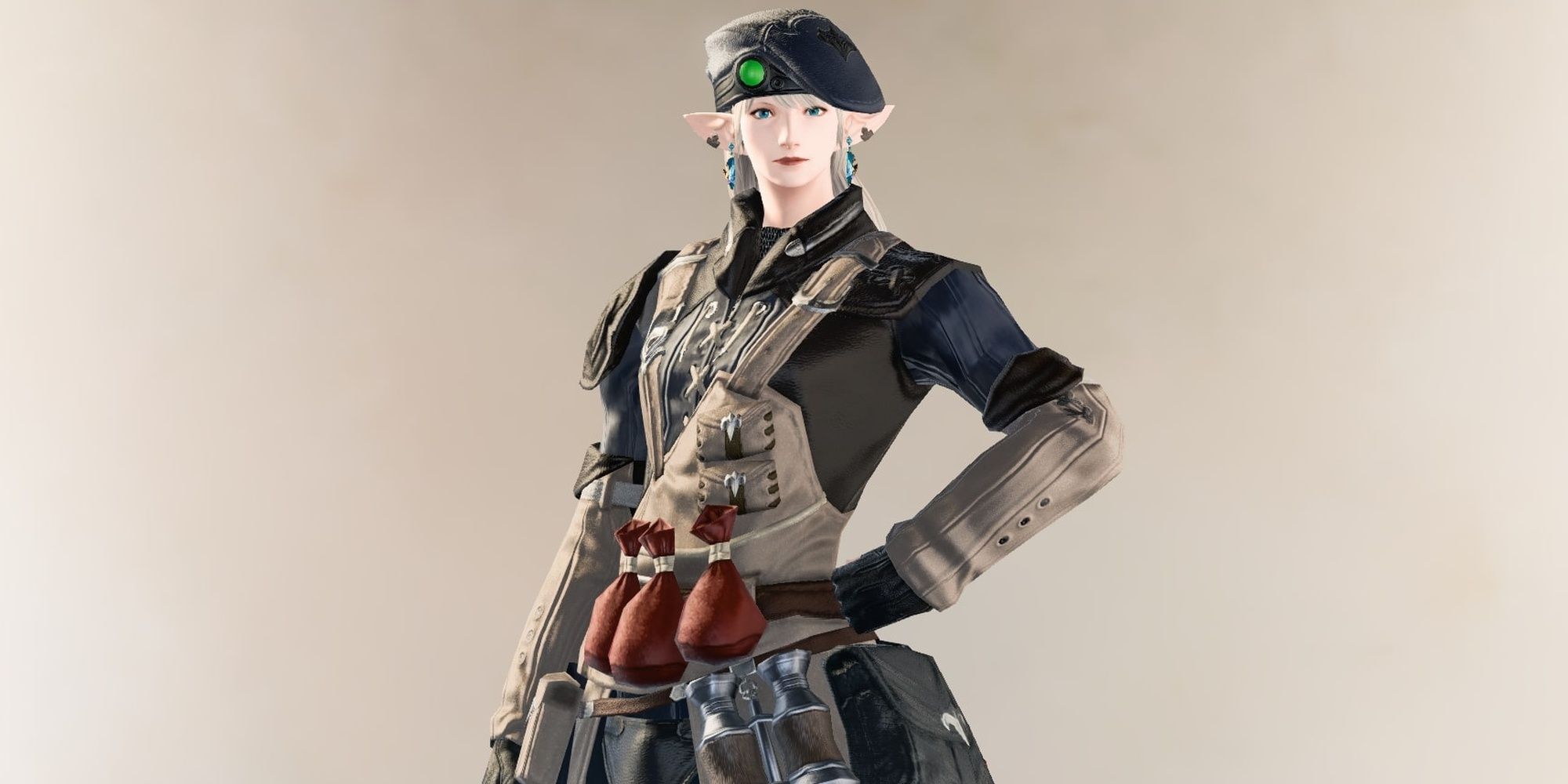 Final Fantasy 14 Elezen Character in Royal Volunteer Armor Against an Off-White Background
