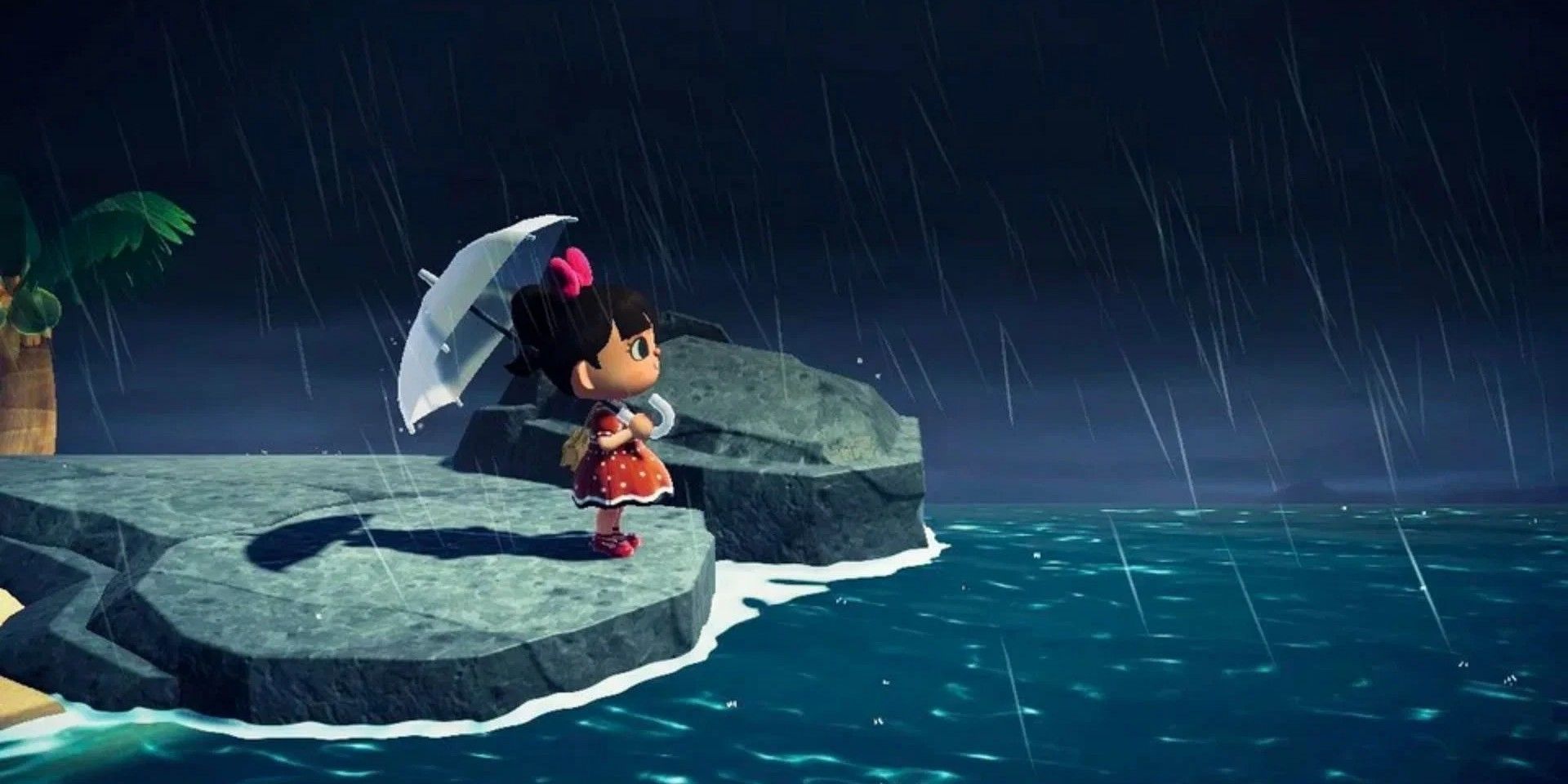 animal crossing new horizons villager in the rain by the sea in a thunderstorm