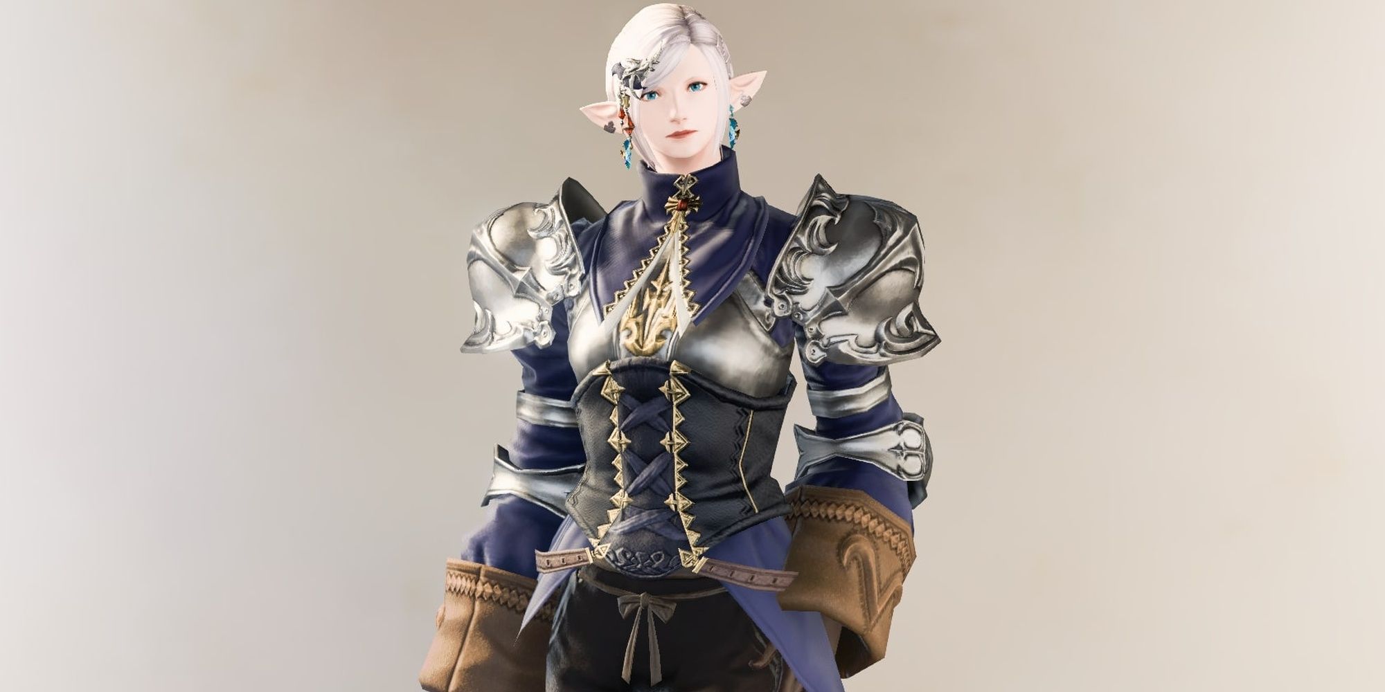 Final Fantasy 14 Character in Ivalice Armor Against an Off-White Background