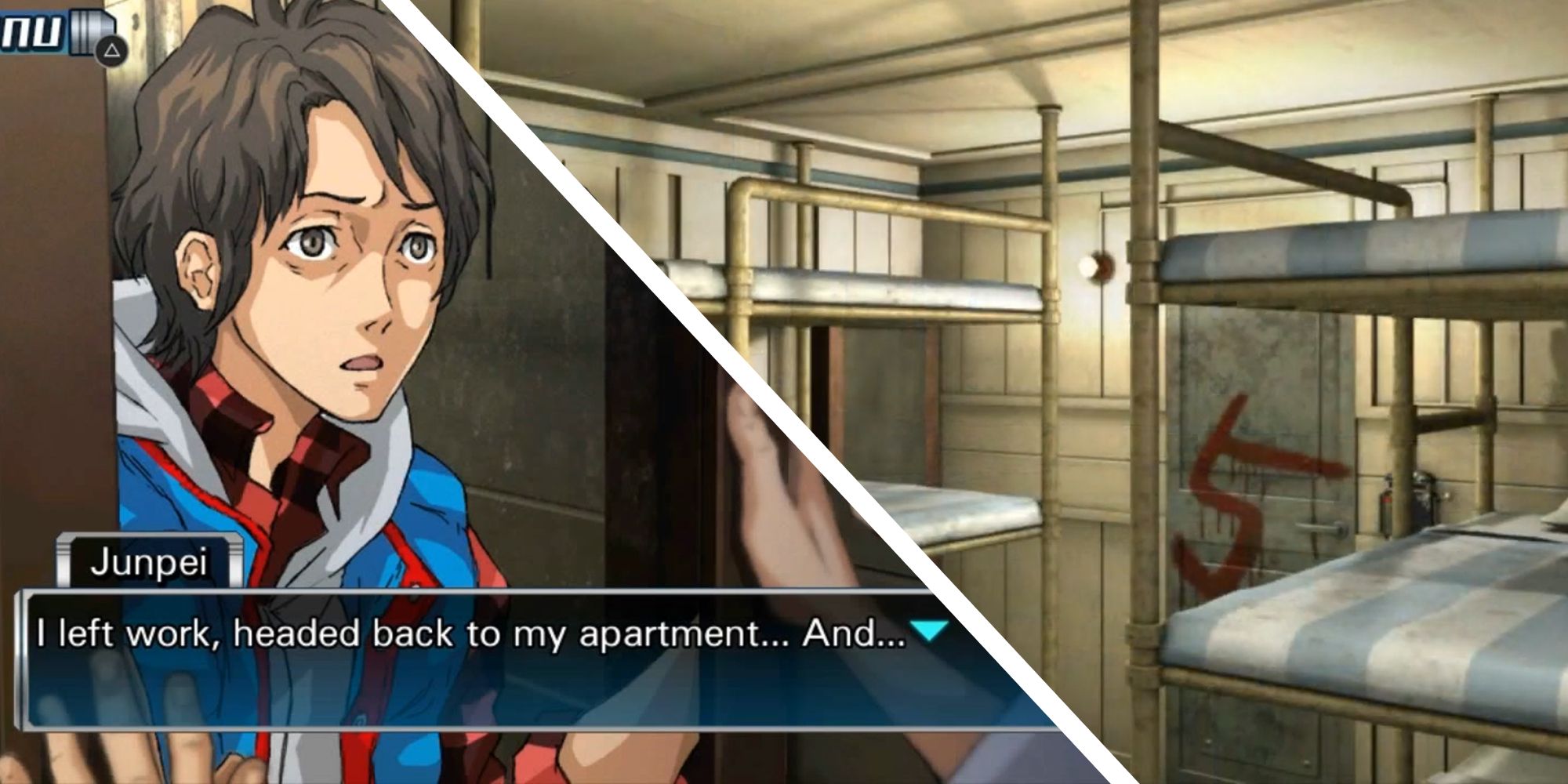 image of junpei looking into the mirror, next to image of 3rd class cabin