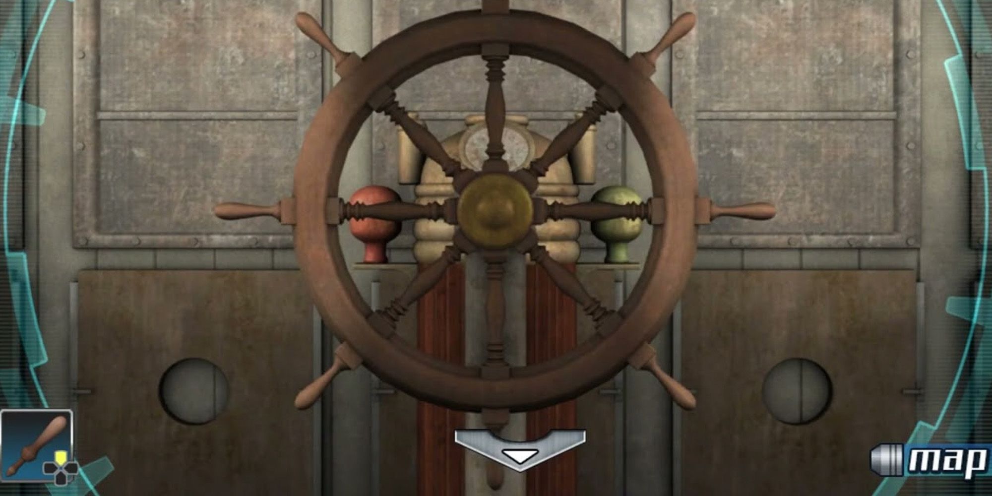 The Steering Wheel In The Chart Room That The Player Interacts With To Begin The First Puzzle