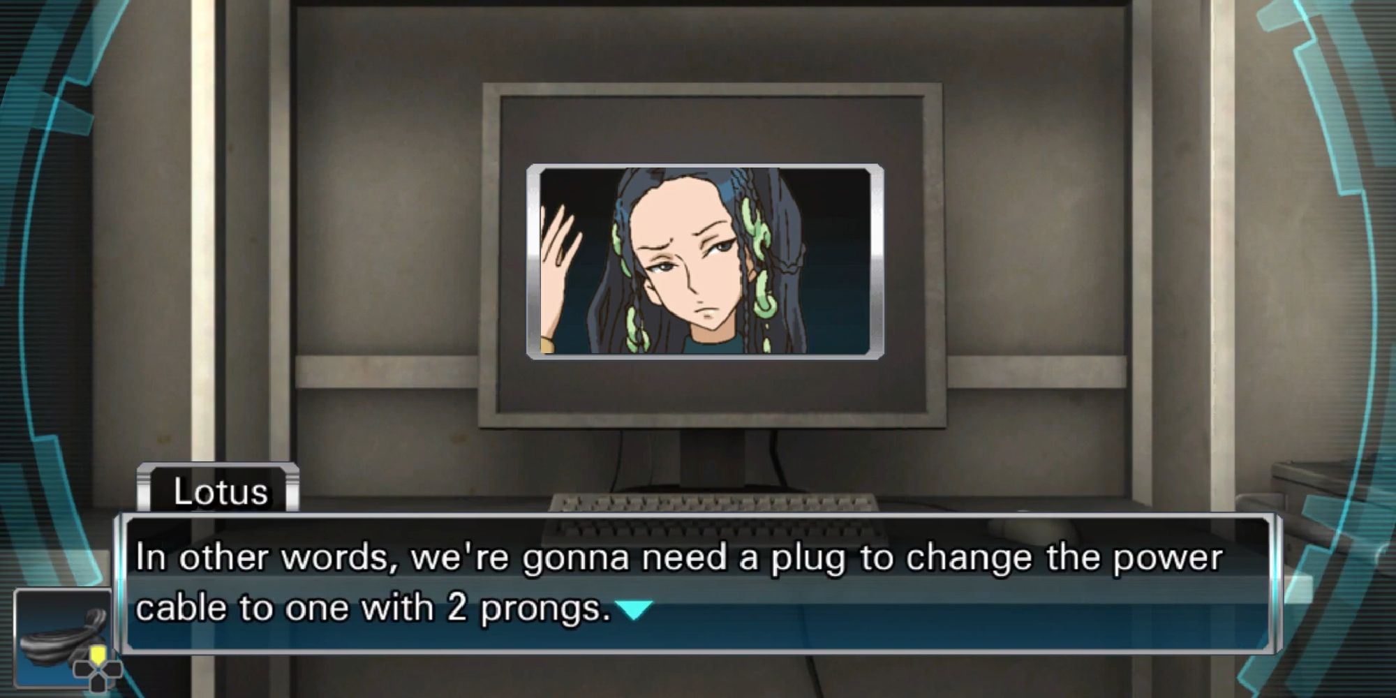lotus telling junpei that the power cable doesn't have two prongs