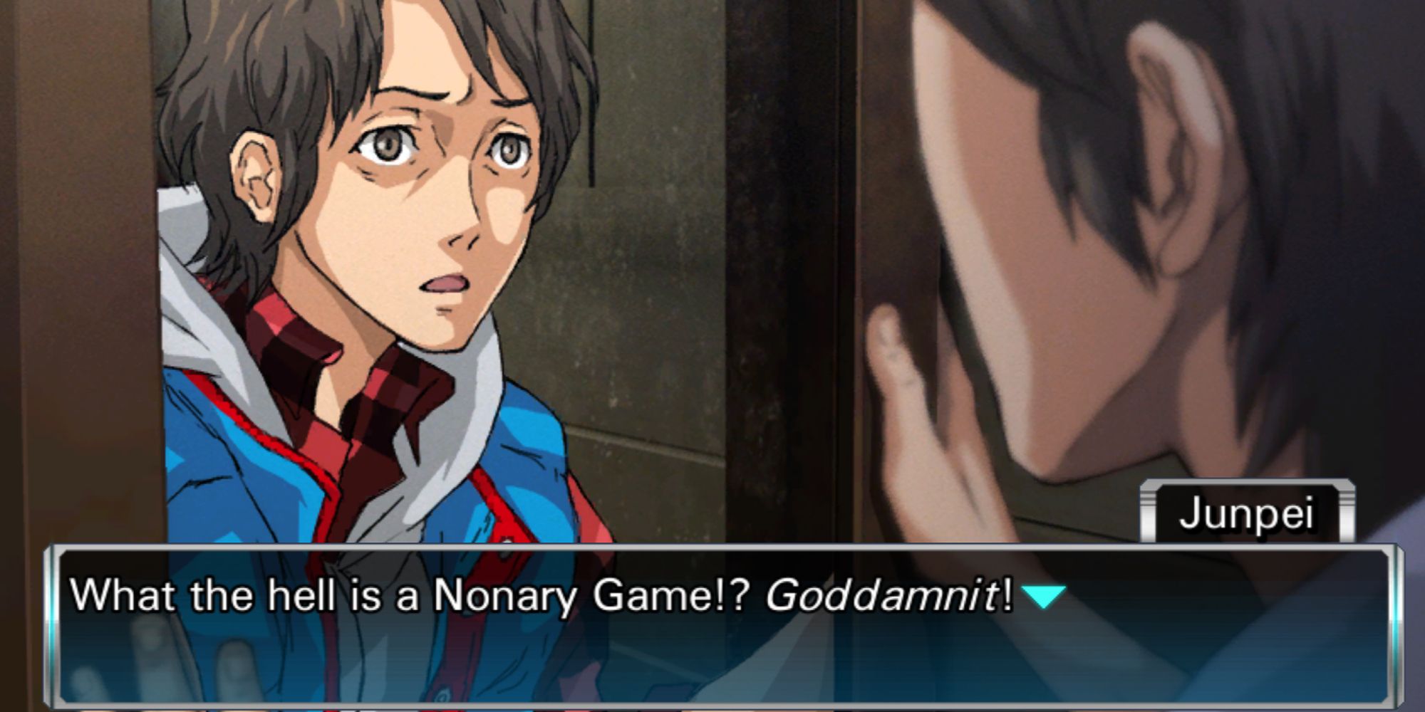 junpei looking in mirror stressed