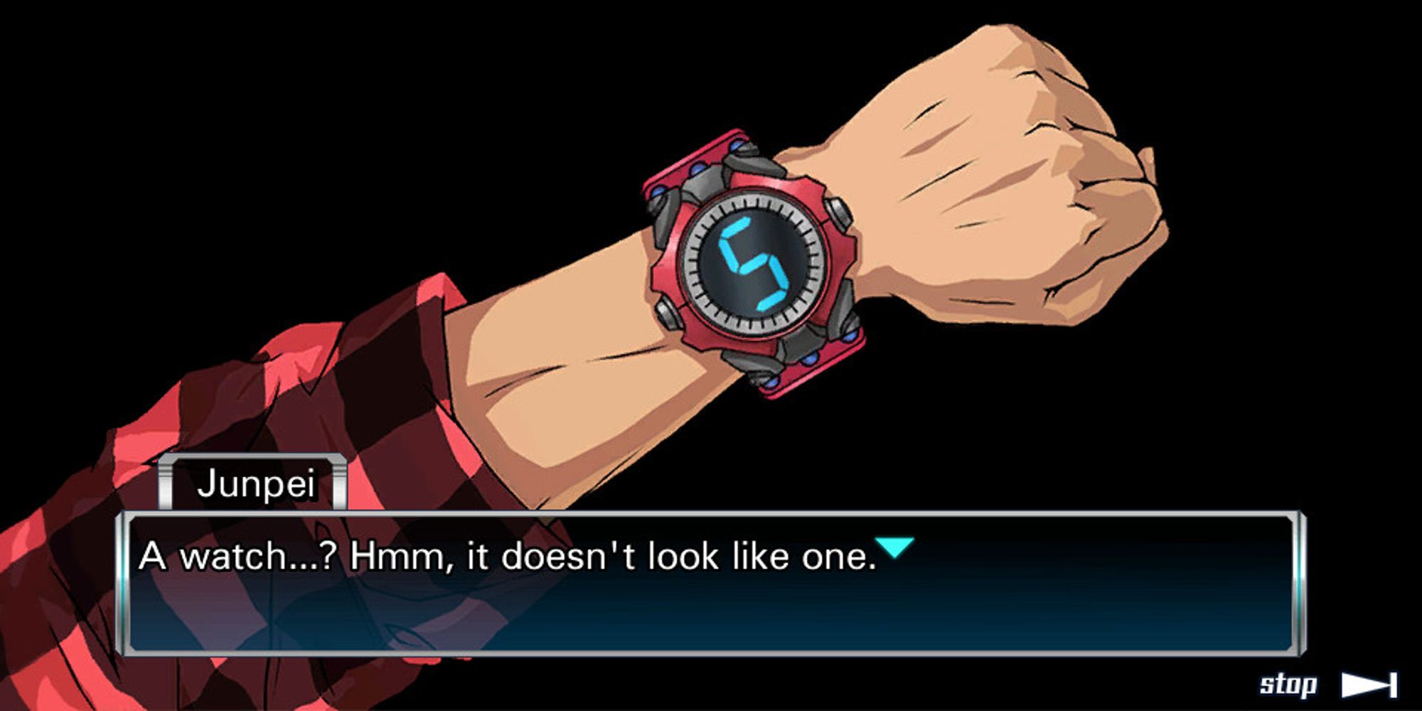junpei looking at his watch with a 5 on it