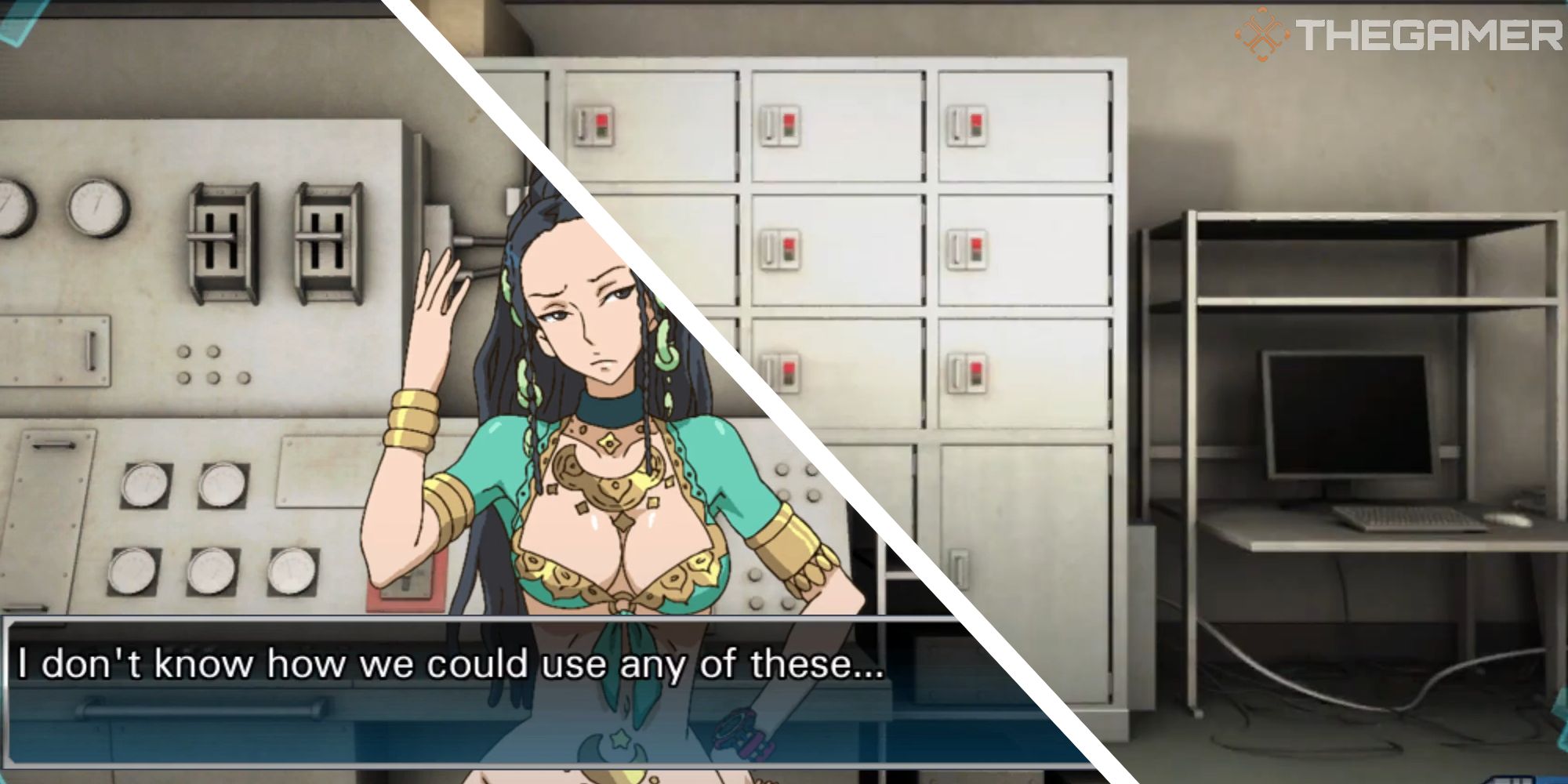 image of junpei talking to lotus, next to image of computer and lockers