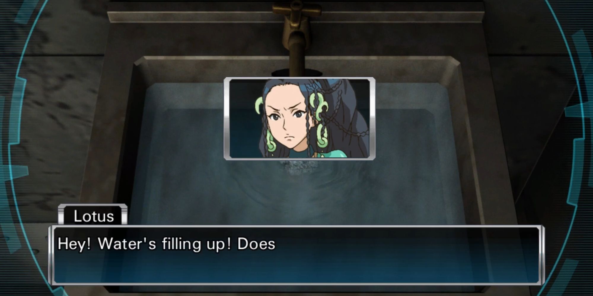 lotus telling junpei that the sink is filled with water