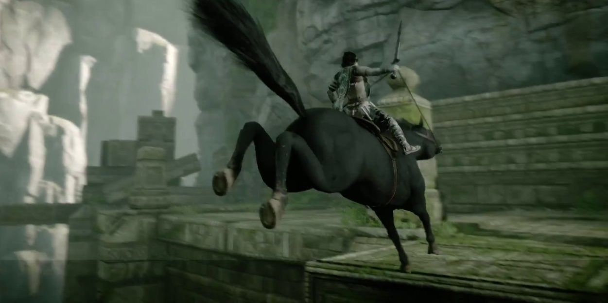 Agro barely making a jump before dying in Shadow of the Colossus