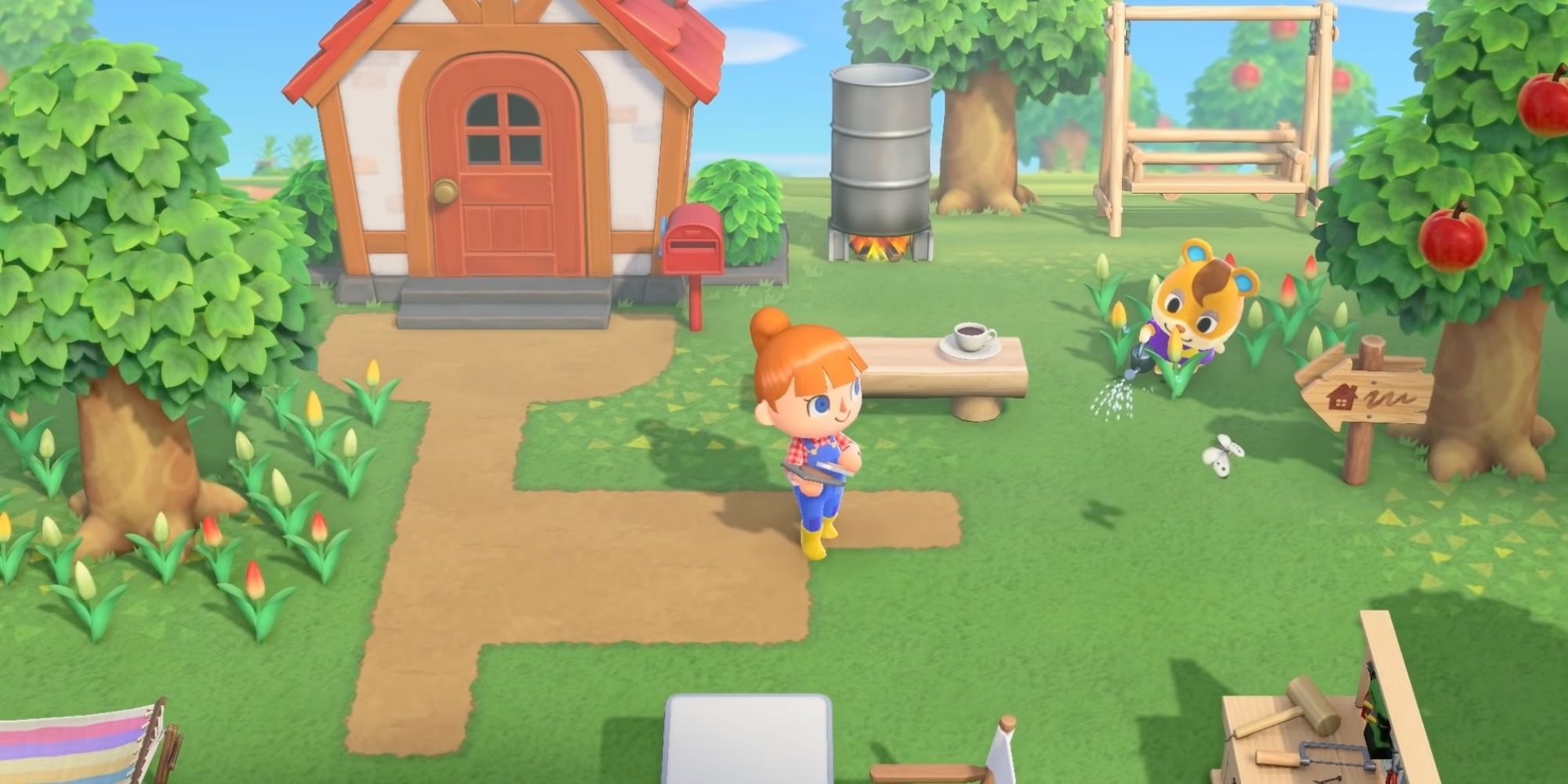 The villager player character from Animal Crossing New Horizons standing outside their home, laying a path using terraforming. Hamlet the Hamster Villager is watering plants in the background.