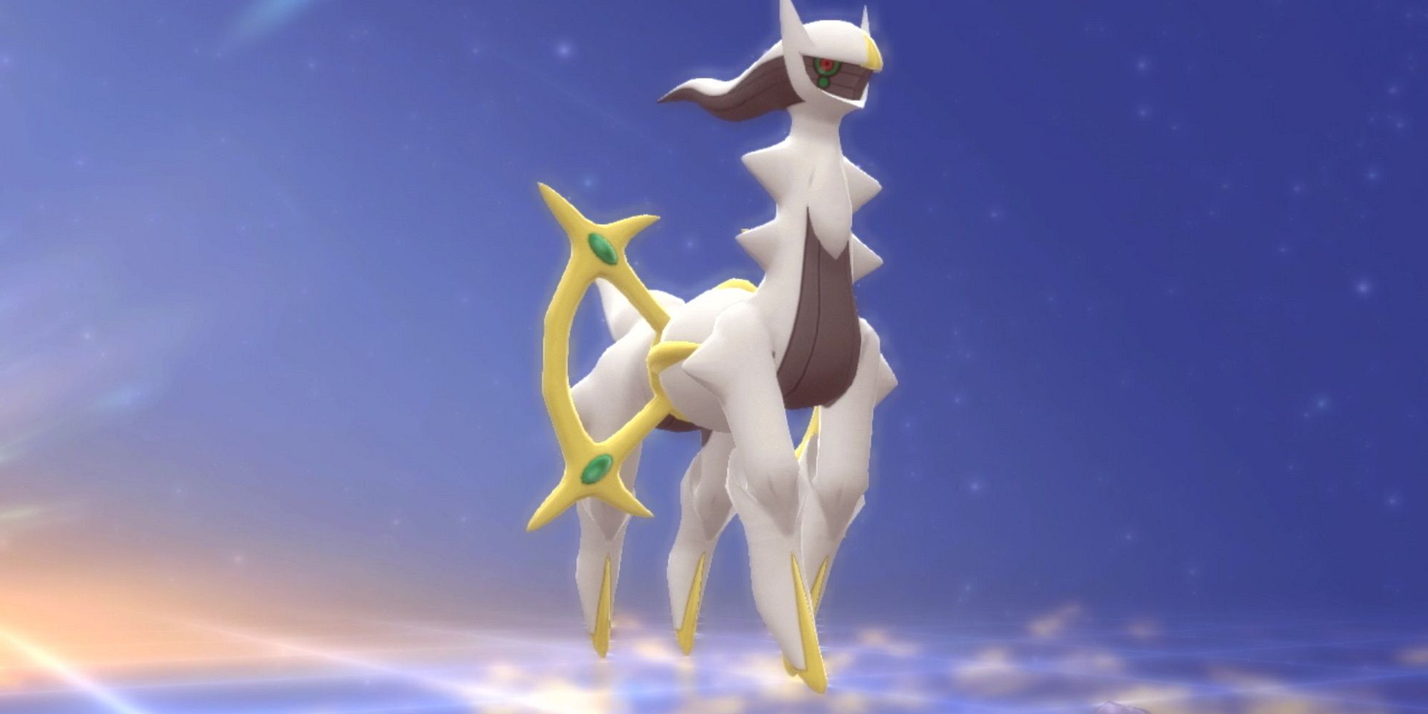 Arceus from Pokemon Diamond and Pearl flying high in the sky with a bright light behind it.