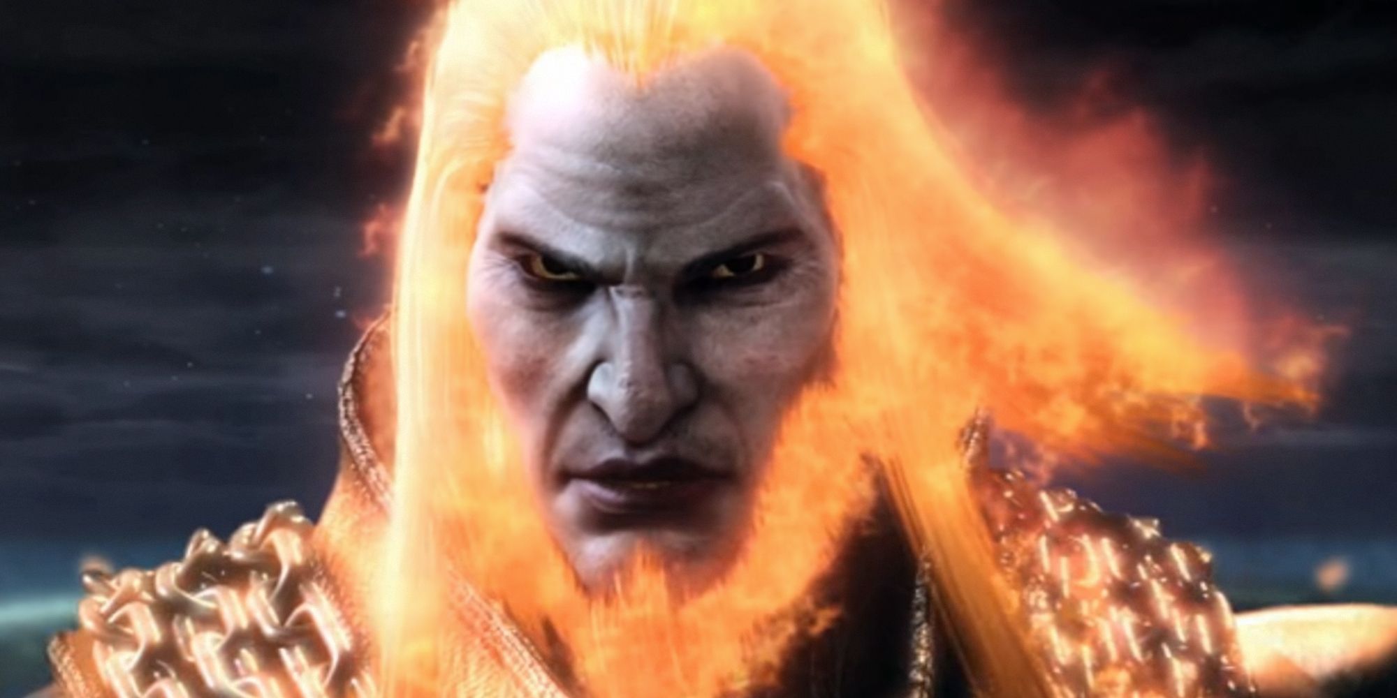 God Of War Ares boss fight. Cutscene of Ares with flaming head.