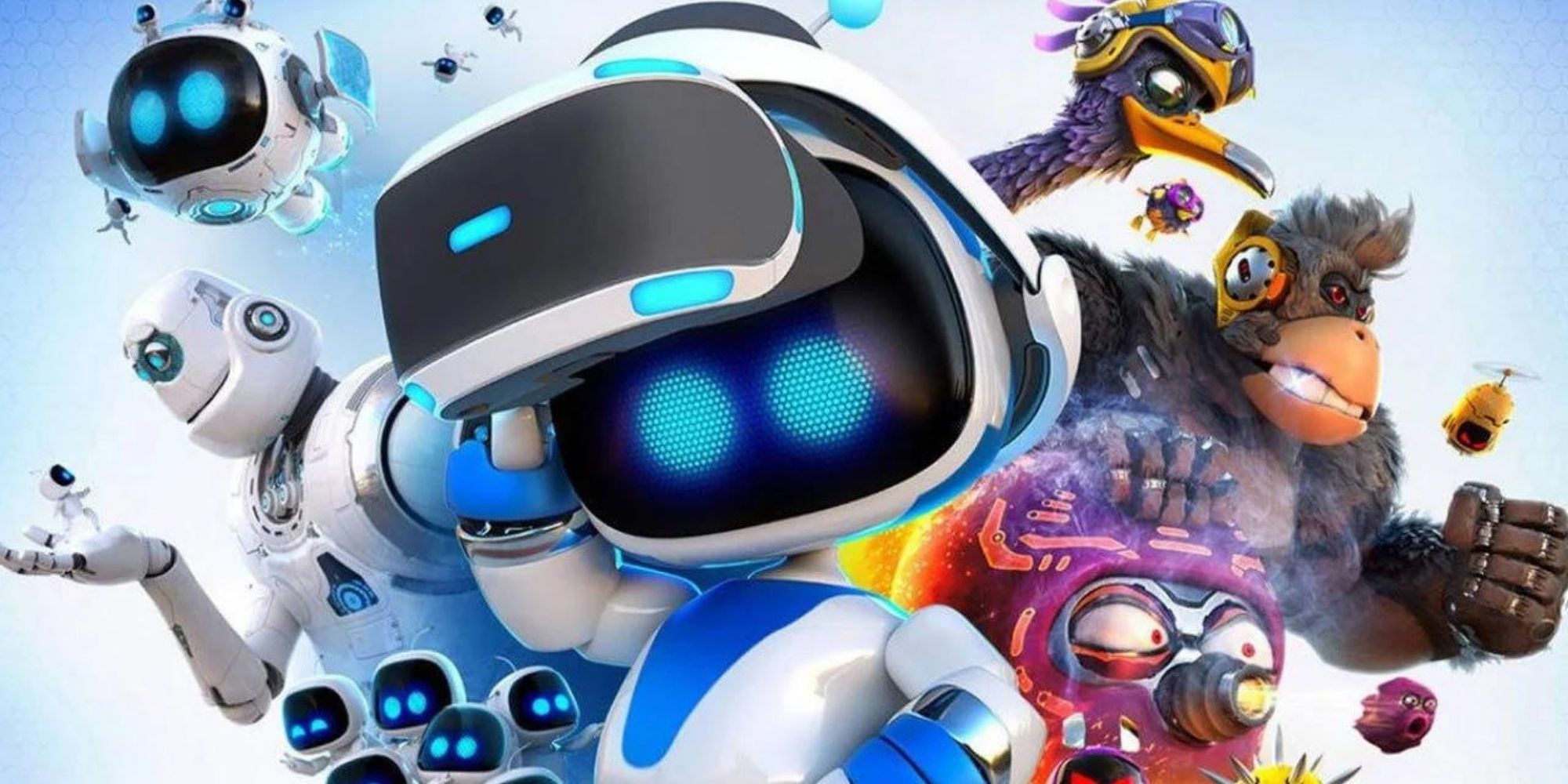 Astro Bot Stands in Front of Friends and Enemies As He Takes Off His VR Headset