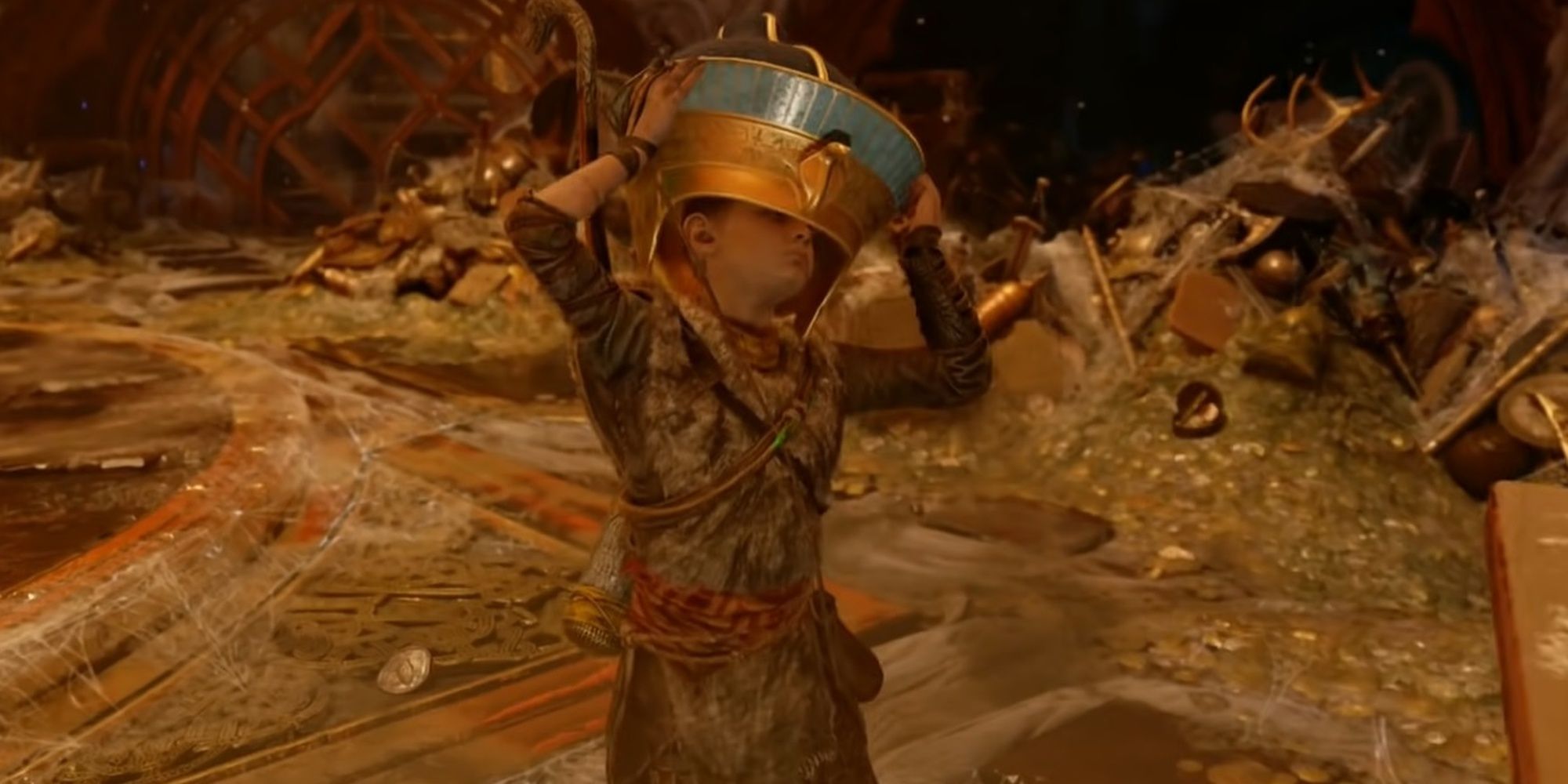 Atreus with an Egyptian Relic from Tyr's Vault, in God of War 2018